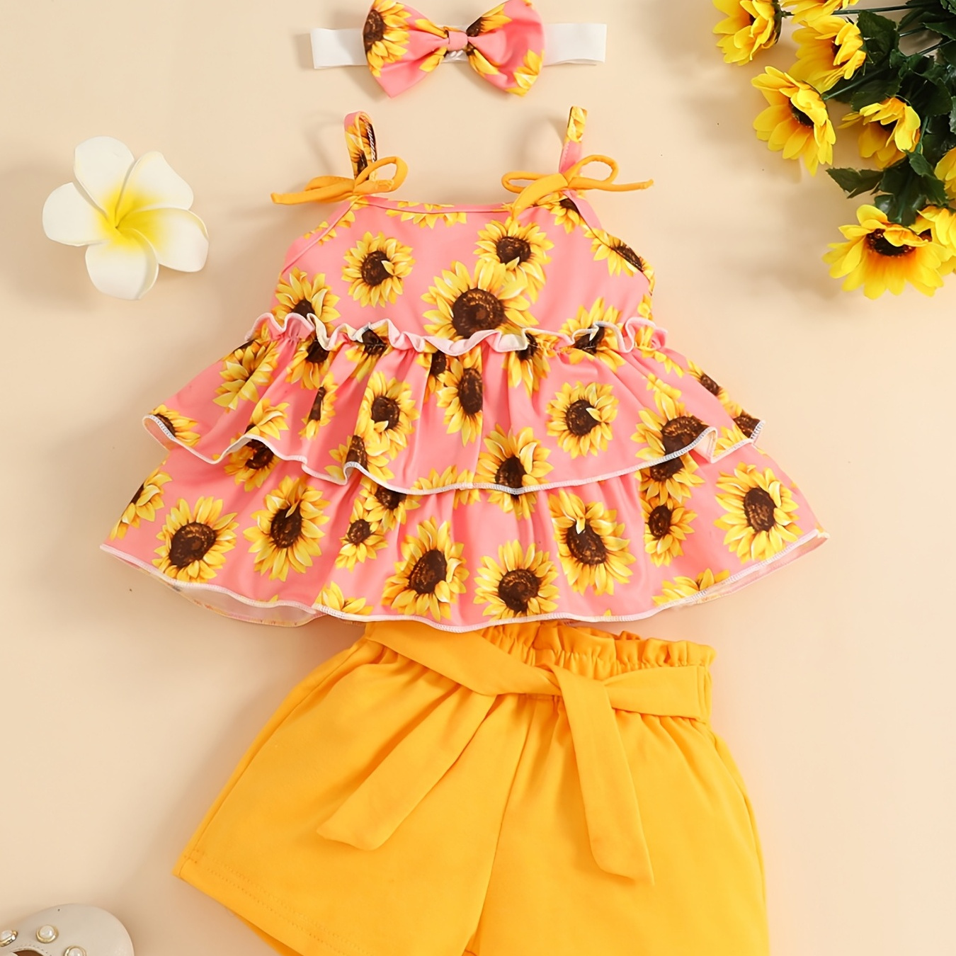 3pcs Girls Sunflower Print Bow Ruffled Hem Cami Top & Elastic Waist Belted Shorts & Bow Headband Set Kids Summer Clothes