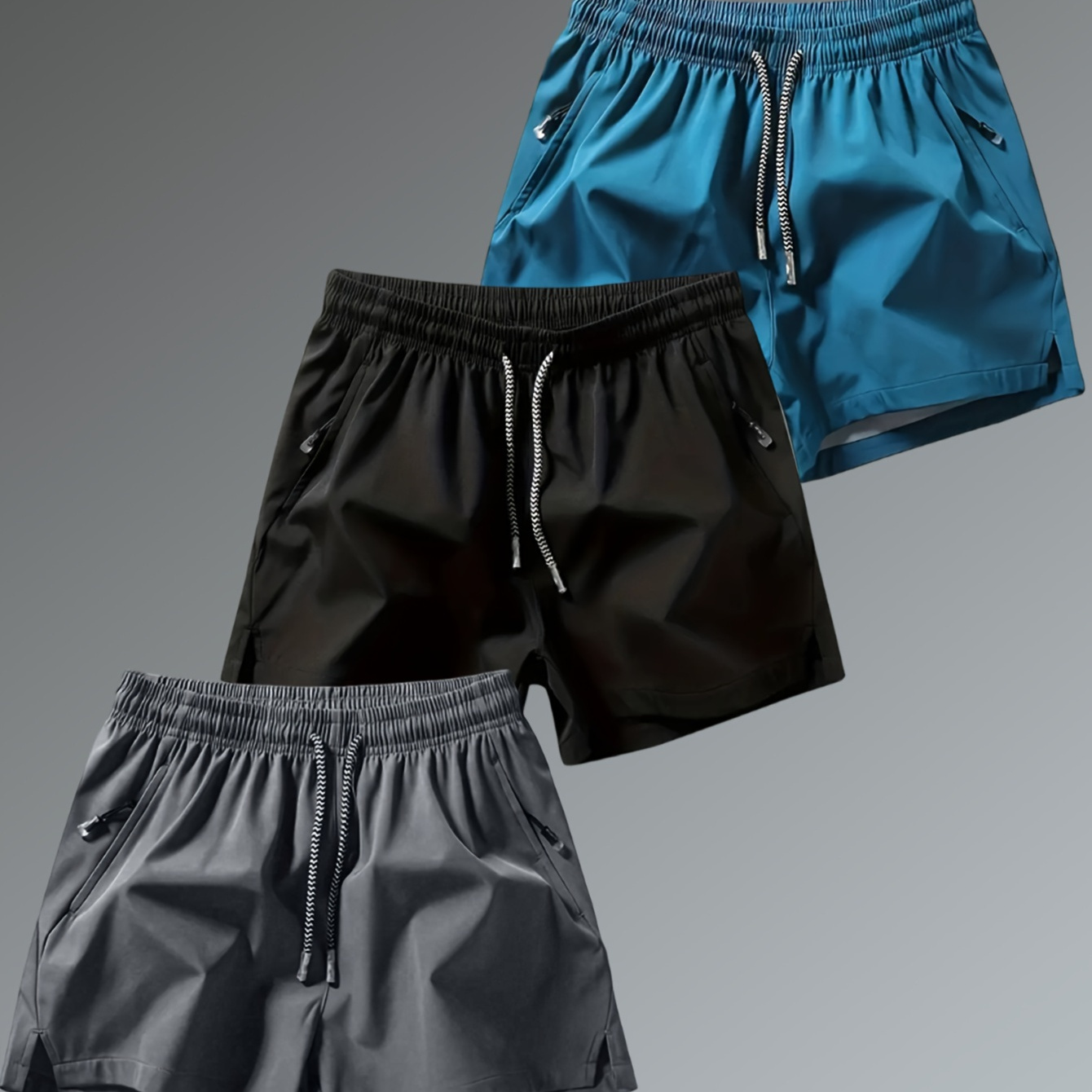 

3 Shorts unis pour hommes avec poches zippées, shorts décontractés à cordon de serrage à la taille élastique pour l'été