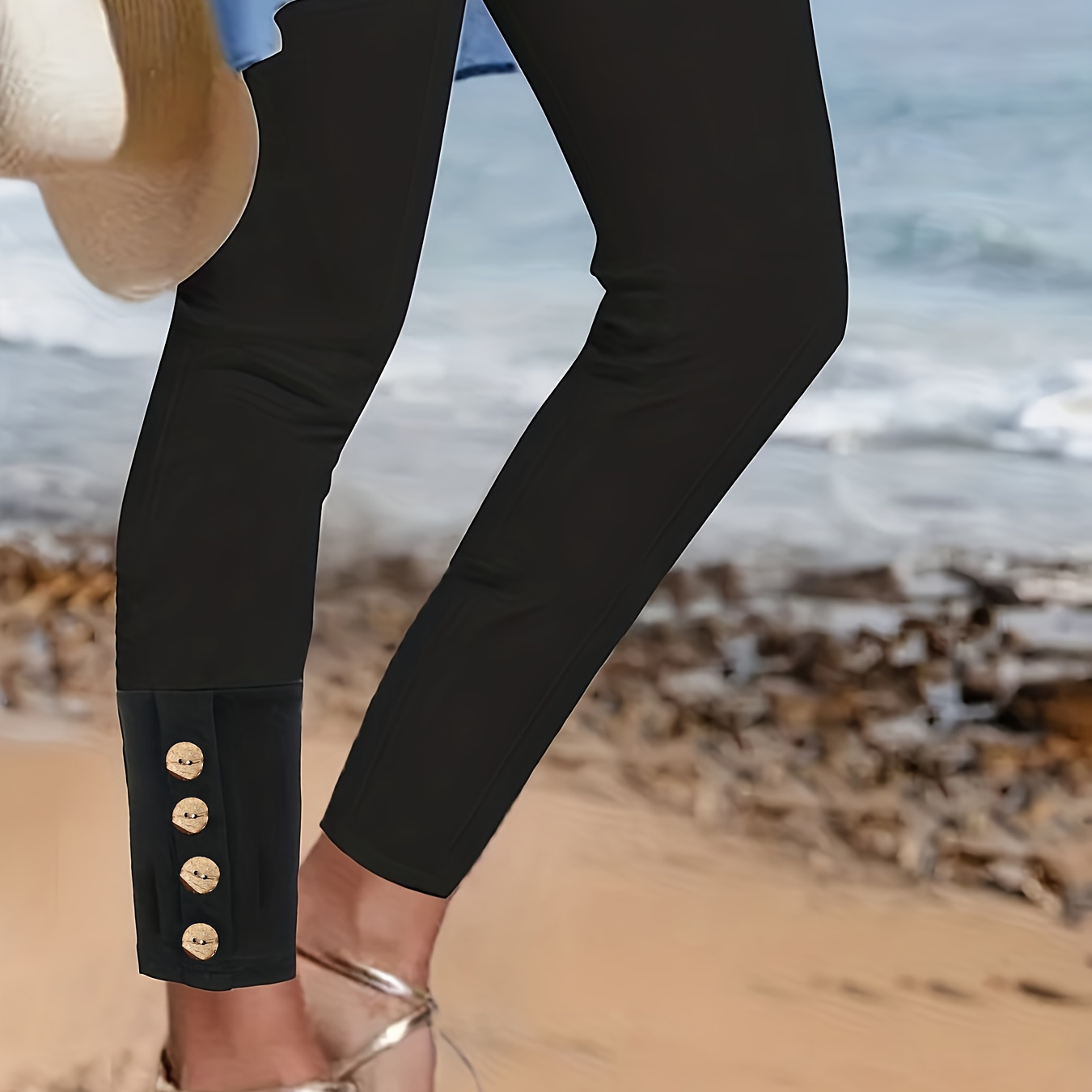 

Plus Size Button Decor Skinny Leggings, Casual High Waist Stretchy Leggings For Spring & Summer, Women's Plus Size Clothing