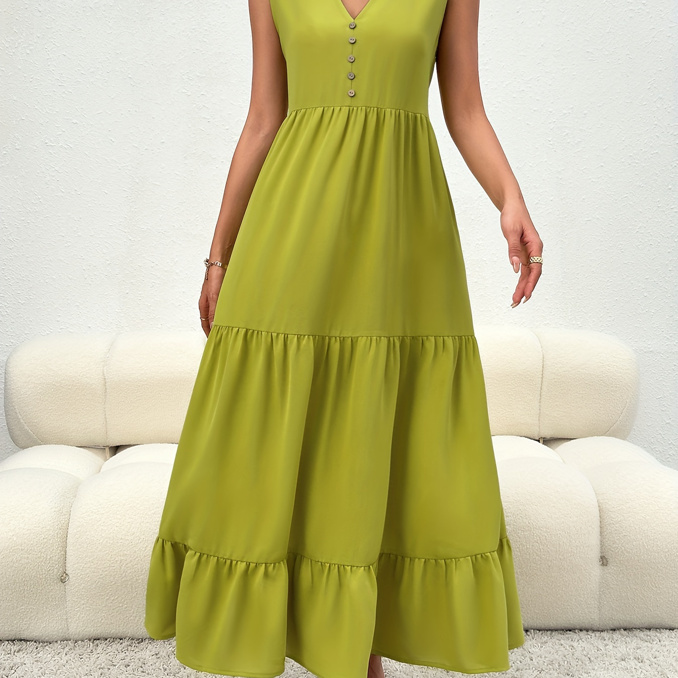 

Elegant Sleeveless Maxi Dress For Women - Chic V-neck, Ruffle Hem, Solid Color, Polyester, Machine Washable - & Stylish For All