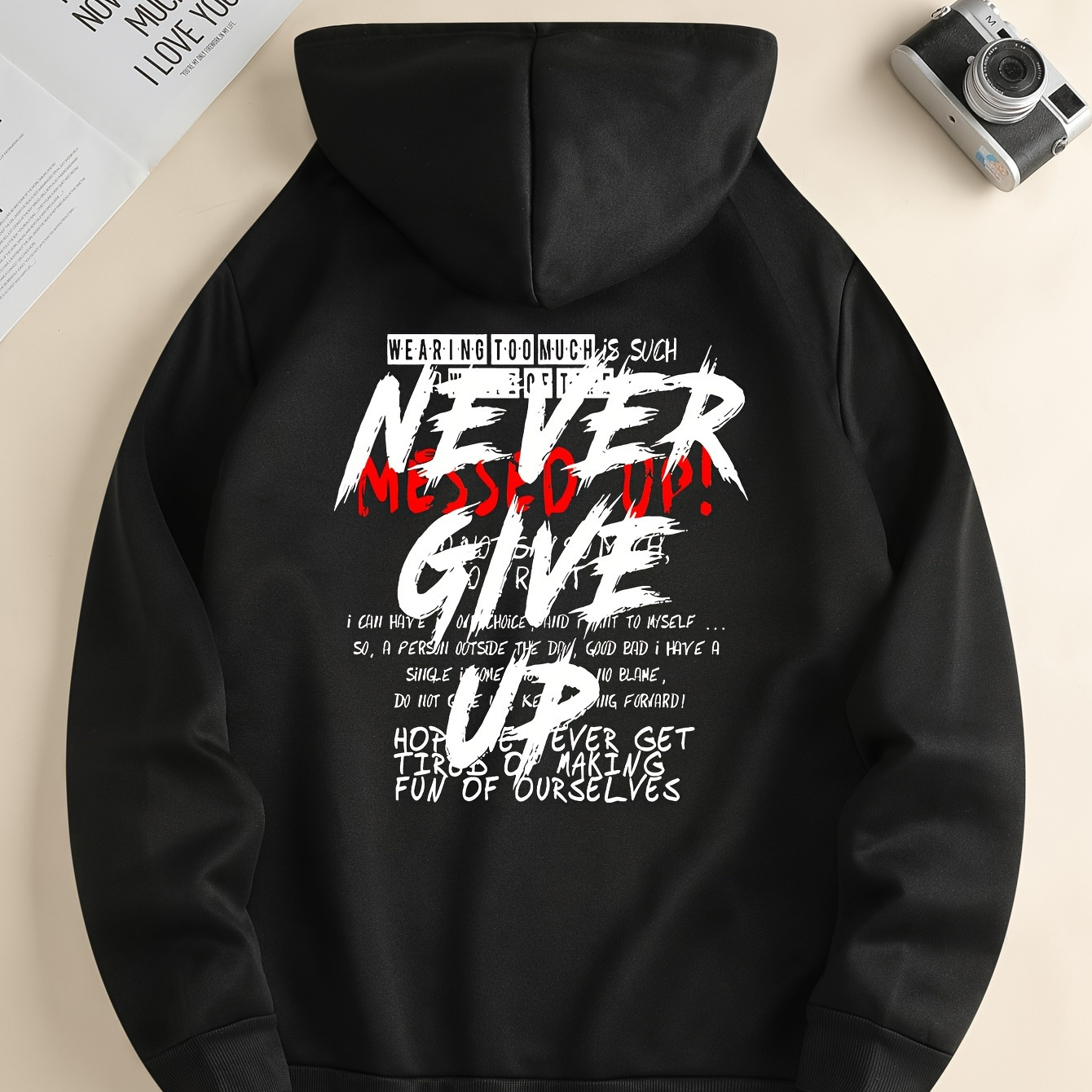 

''never Give Up'' Slogan Men's Casual Letter Graphic Fleece Hoodie Drawstring Hipster Hip Hop Long Sleeve Hooded Sweatshirt With Pocket Fashion Pullover Hoodies