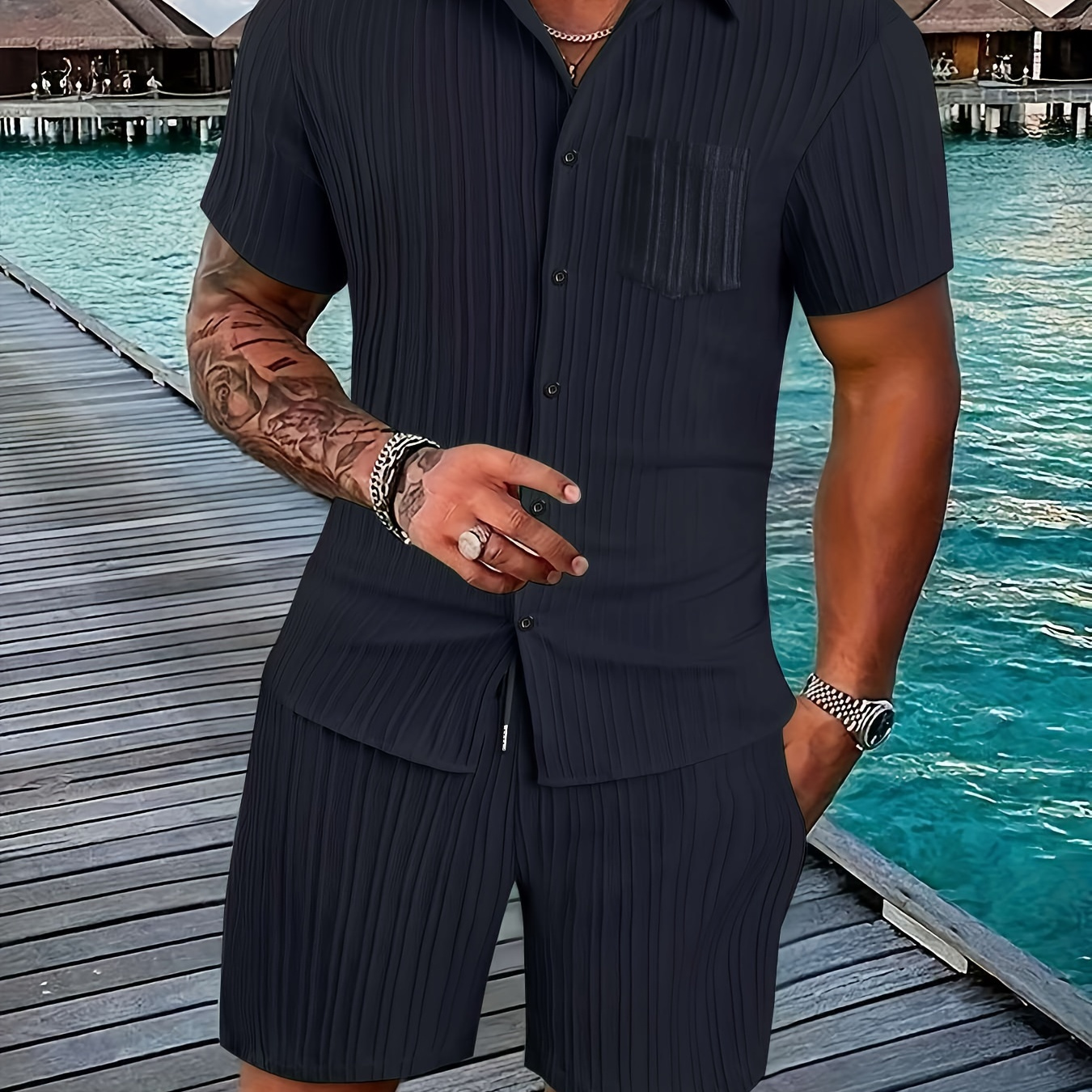 

2-pack Casual Set Of Men's Solid Striped Lapel Shirt And Shorts, Short Sleeve Single-breasted Lapel Shirt With Pocket And Shorts With Drawstring, Suitable For Summer Daily Outerwear