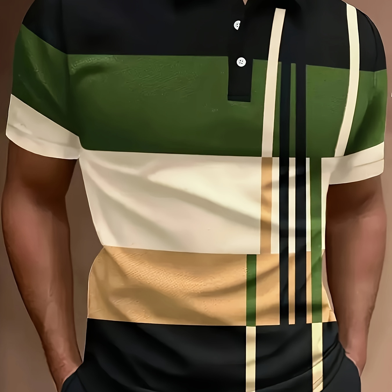 

Striped Men's Casual Color Block Short Sleeve Lapel, Stylish Sports Men's Polo Shirt Suitable For Summer Golf