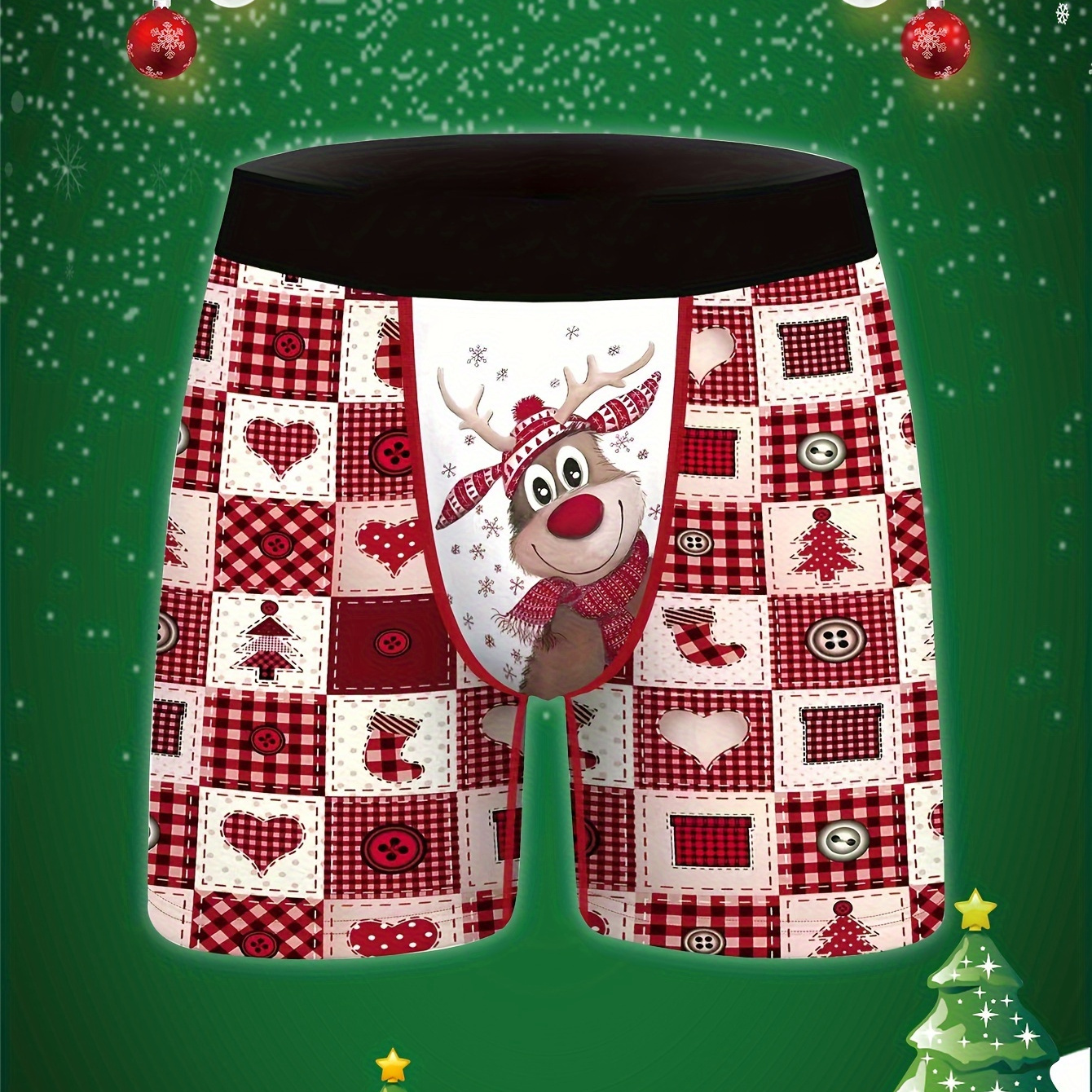 

Men's Christmas Themed Reindeer Print Boxer Briefs - Comfortable Polyester Knit Fabric, Medium Stretch, Festive Holiday Underwear