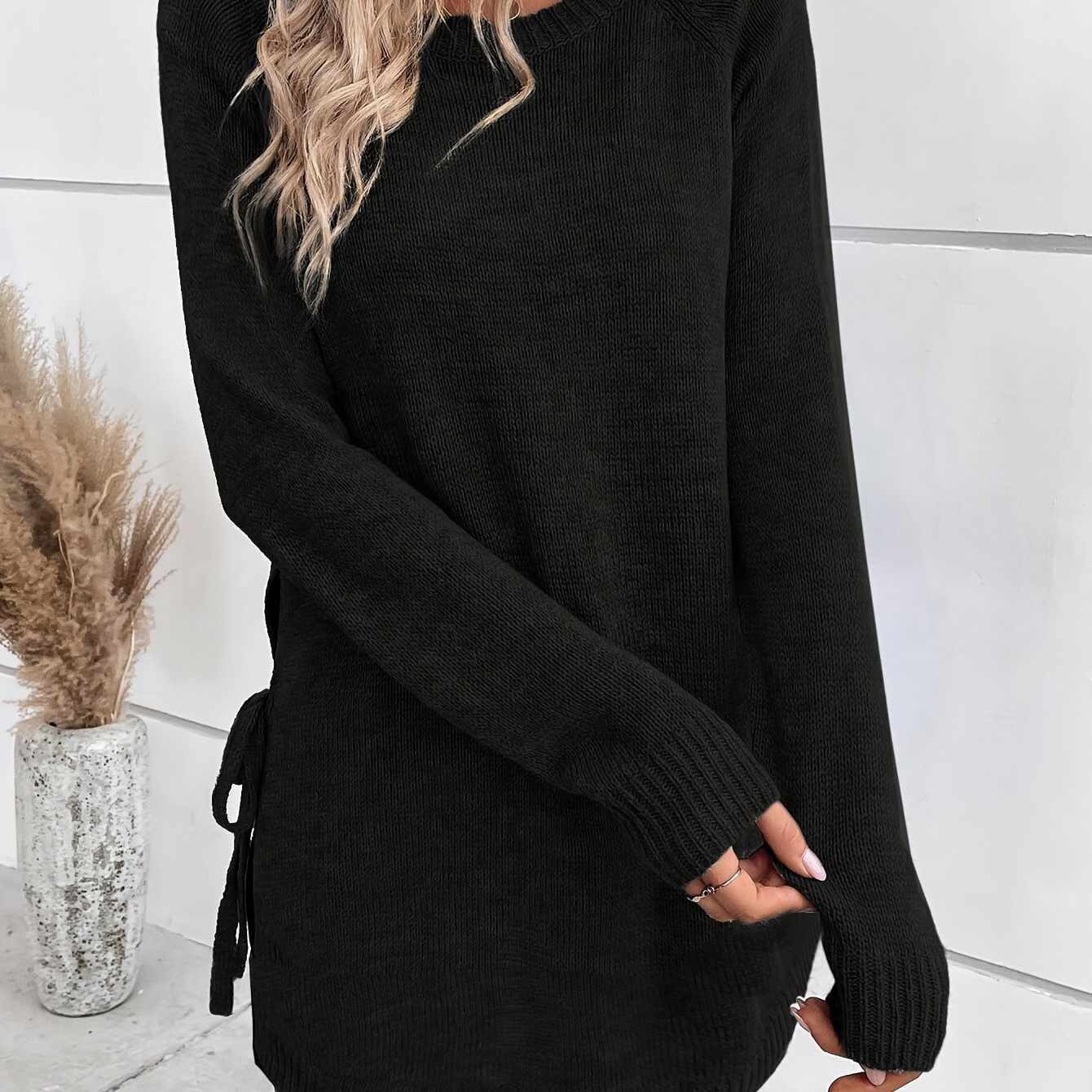 

Tie Side Crew Neck Sweater, Elegant Long Sleeve Sweater For Fall & Winter, Women's Clothing