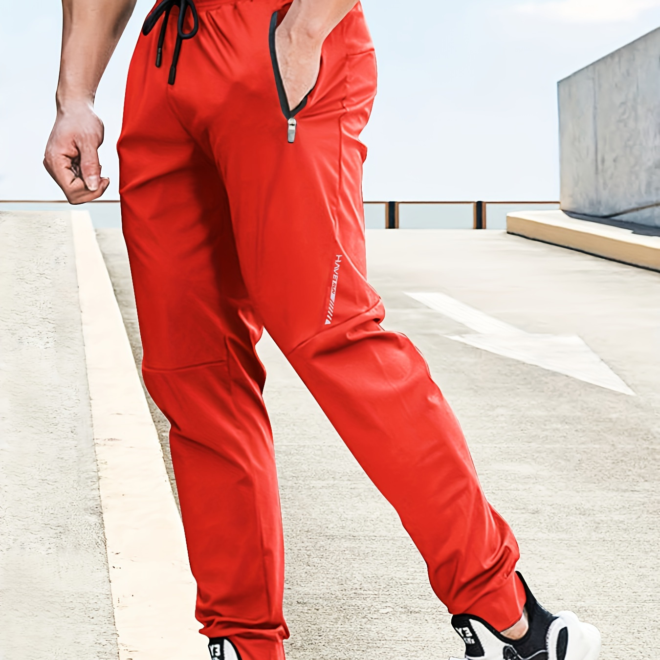 

Men's Lightweight Red Joggers With Zipper Pockets - Casual Sports Pants, Waistband, Polyester , Ideal For Running & Outdoor Activities, Jogging Pants