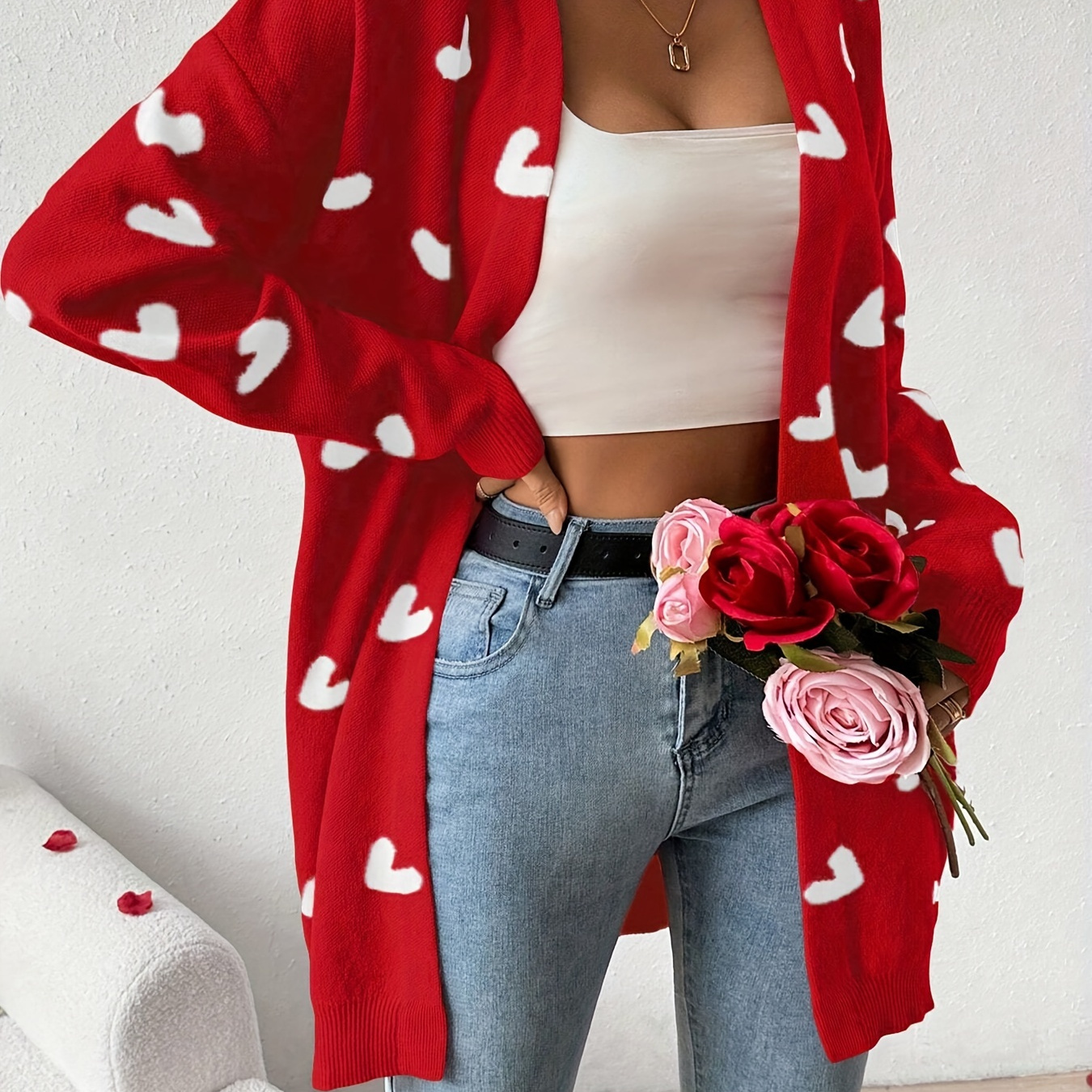 

Heart Pattern Open Front Drop Shoulder Cardigan, Casual Long Sleeve Loose Cardigan, Women's Clothing