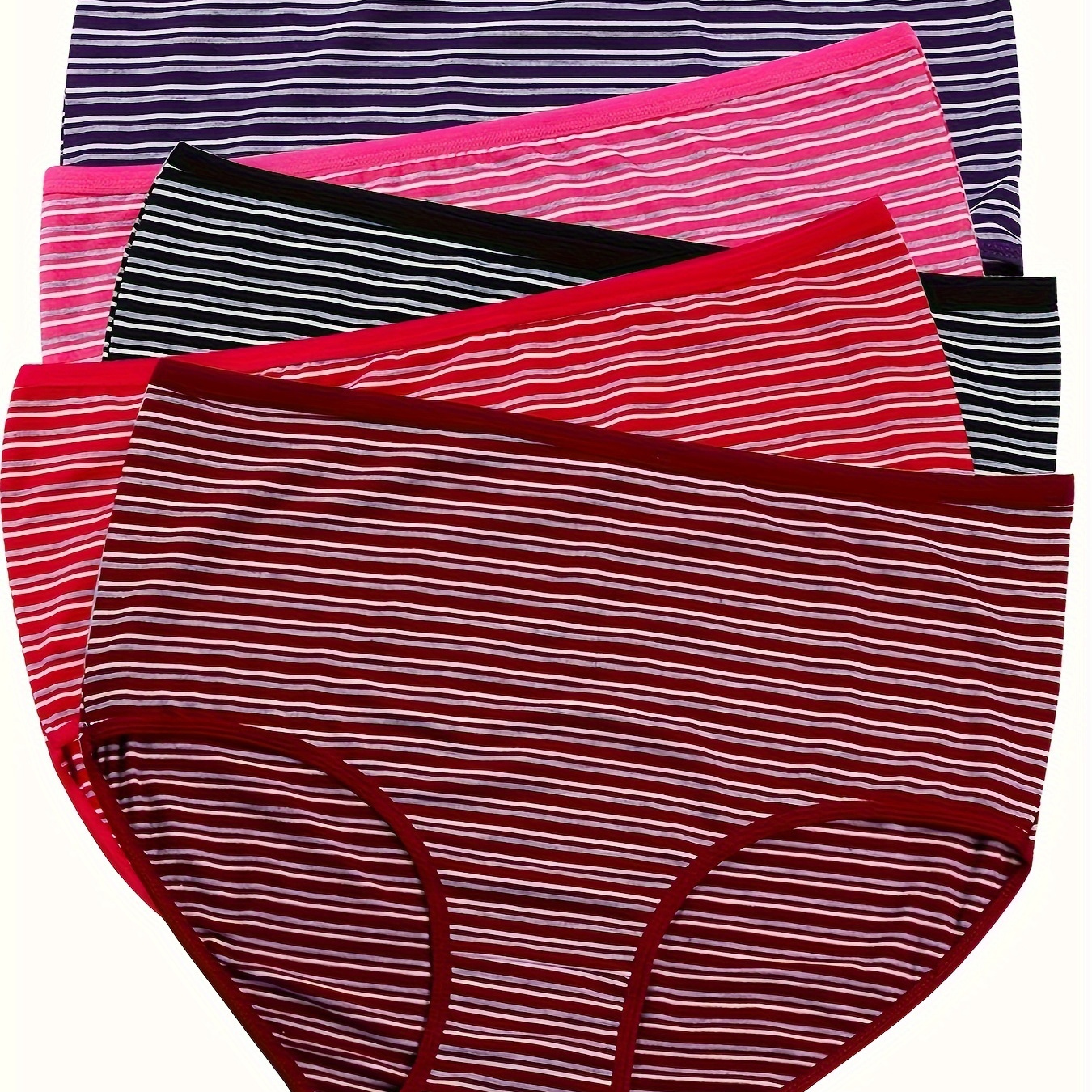 

5 Pcs Women's Simple Panties Set, Plus Size Stripe Print Mid Waist High Stretch Soft Briefs