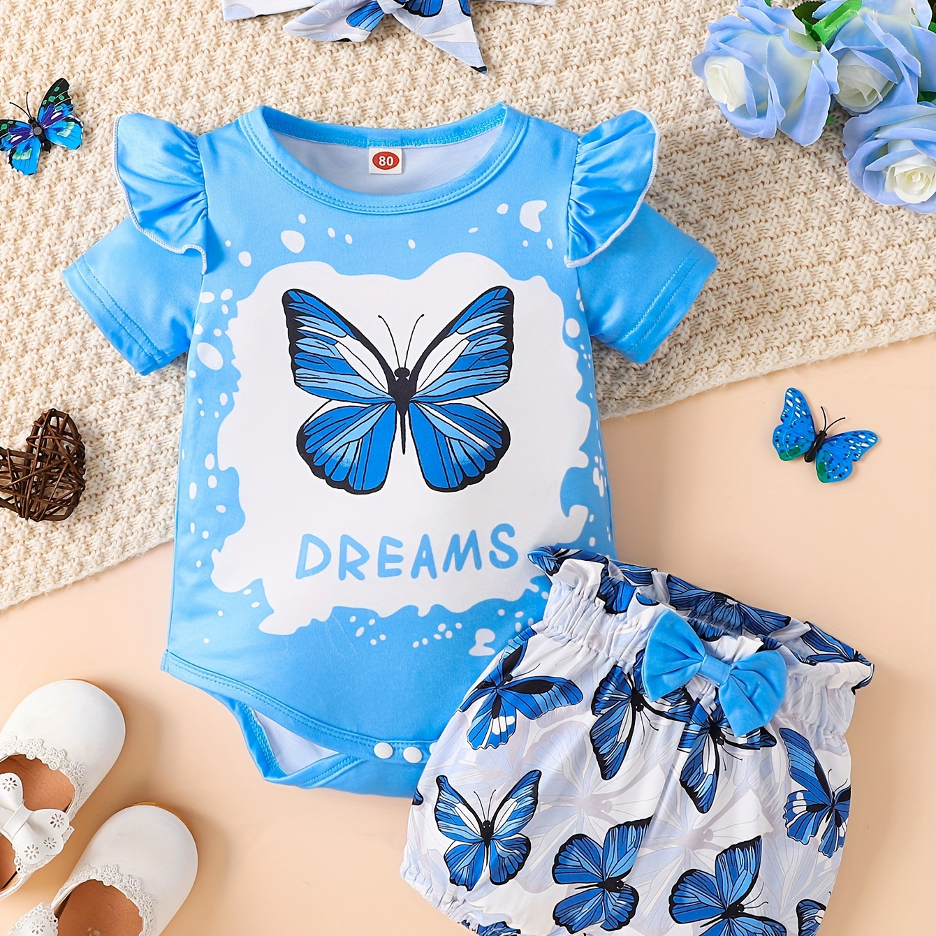 

Baby's Cartoon Butterfly & "dreams" Pattern 2pcs Summer Outfit, Triangle Bodysuit & Bowknot Headband & Casual Shorts Set, Toddler & Infant Girl's Clothes For Daily/holiday, As Gift