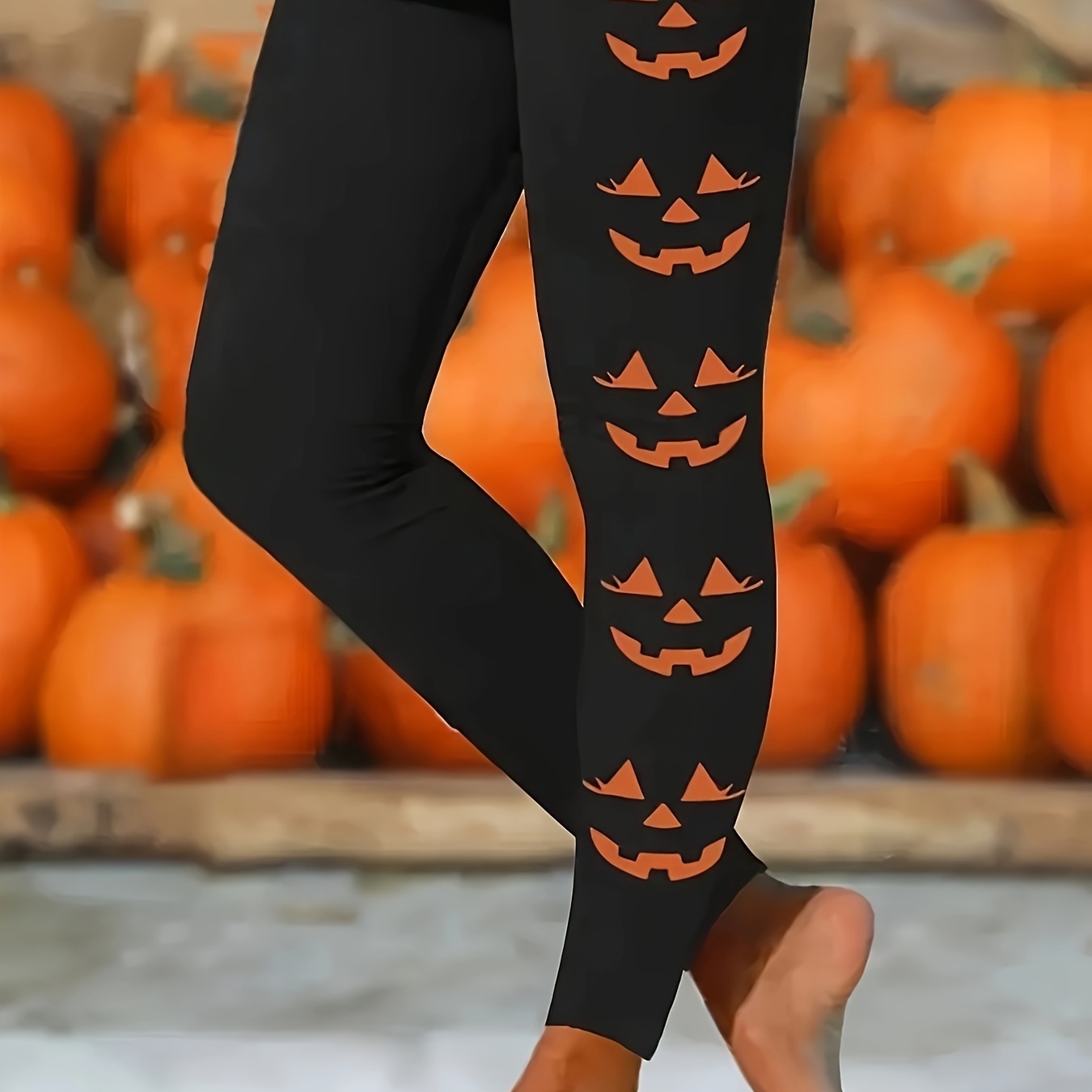 

Halloween Pumpkin Print High Waist Workout Leggings, Casual Skinny Stretchy Tights Leggings For , Women's Clothing