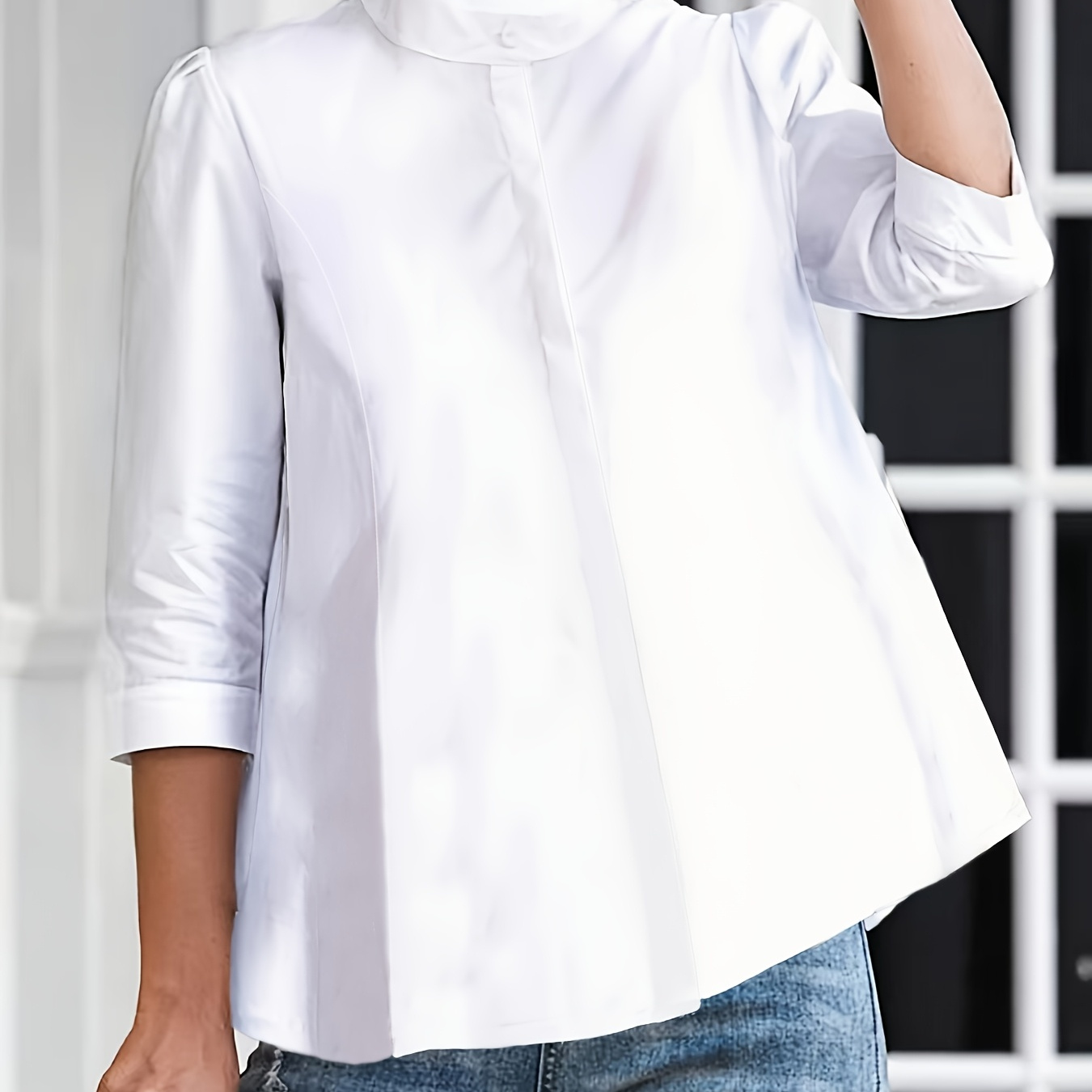 

Women's Casual Solid Color Blouse With Invisible Double-layer Hem, 3/4 Sleeve, No Button Cuff - Spring/summer Collection