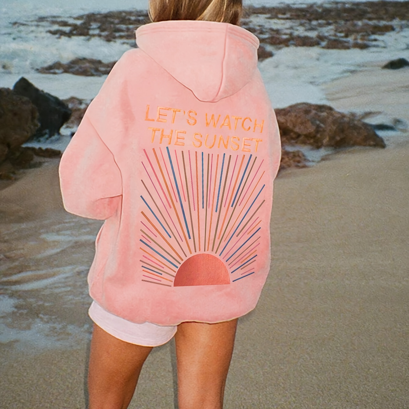 

Sunset Print Drawstring Hoodie, Casual Long Sleeve Kangaroo Pocket Oversized Sweatshirt, Women's Clothing