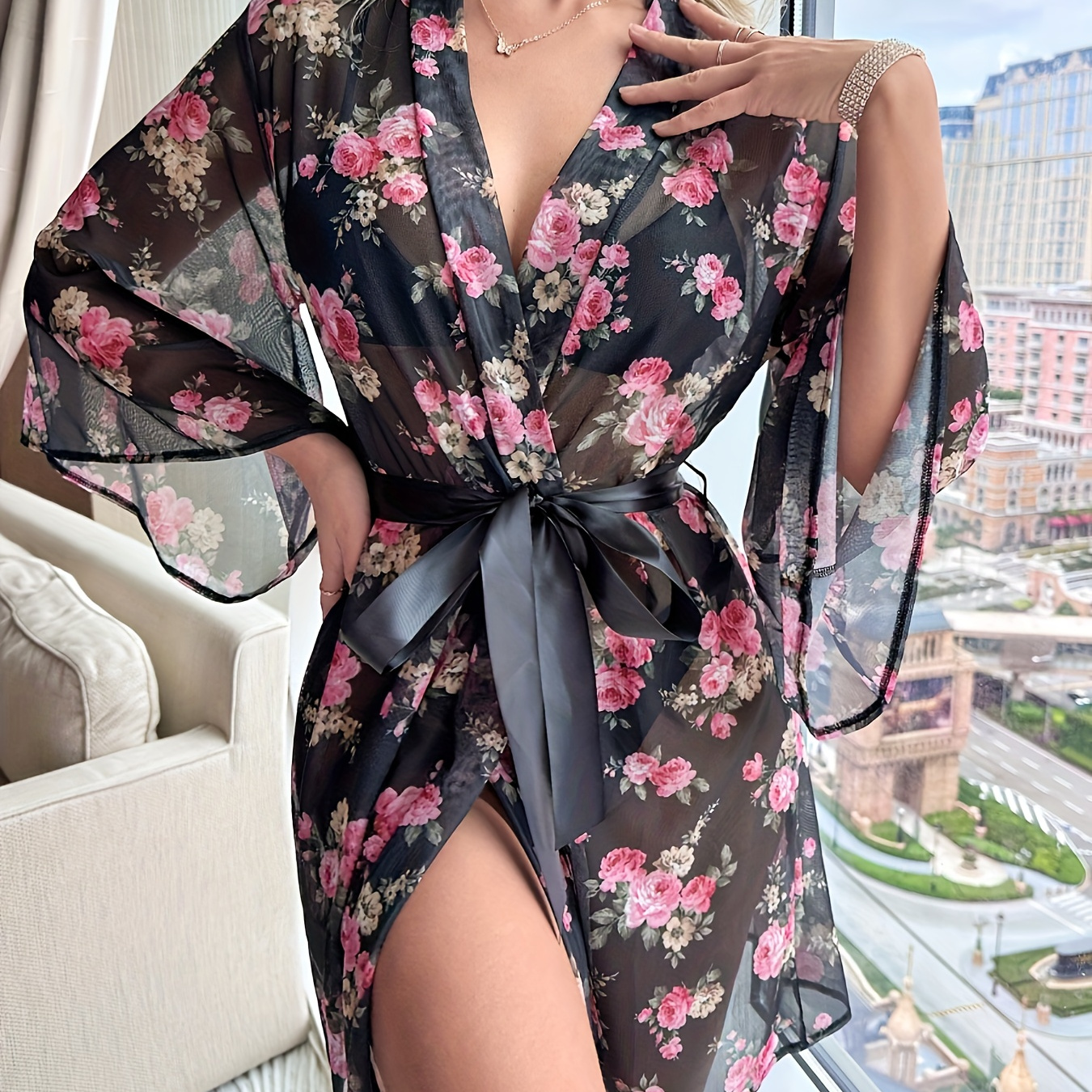 Hot Floral Lace Mesh Night Robe Hollow Long Sleeve Robe Belt - Temu