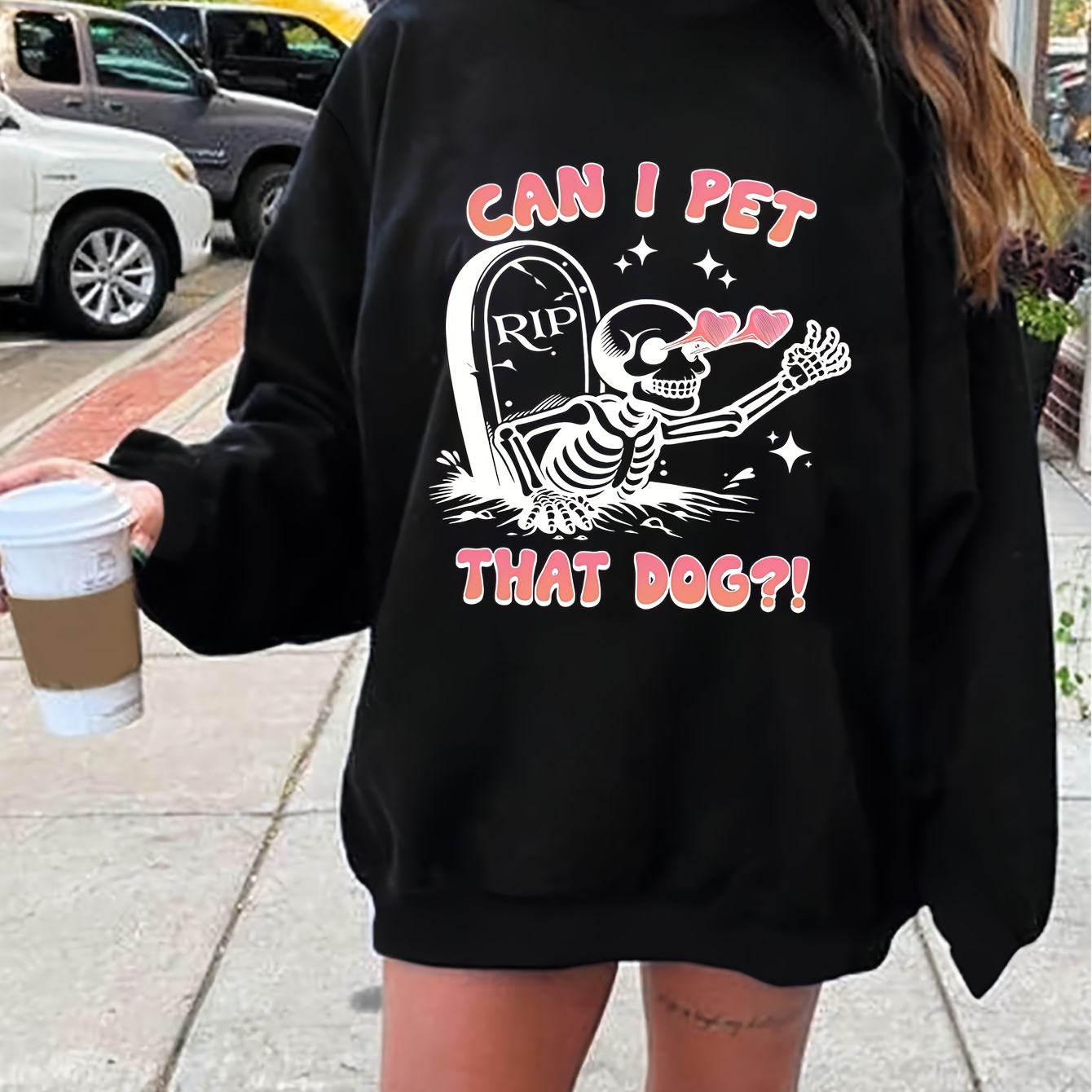 

Women's Casual Crew Neck Sweatshirt With Applique - Polyester Knit Fabric With Slight Stretch, Skeleton And Dog Graphic For Fall/winter