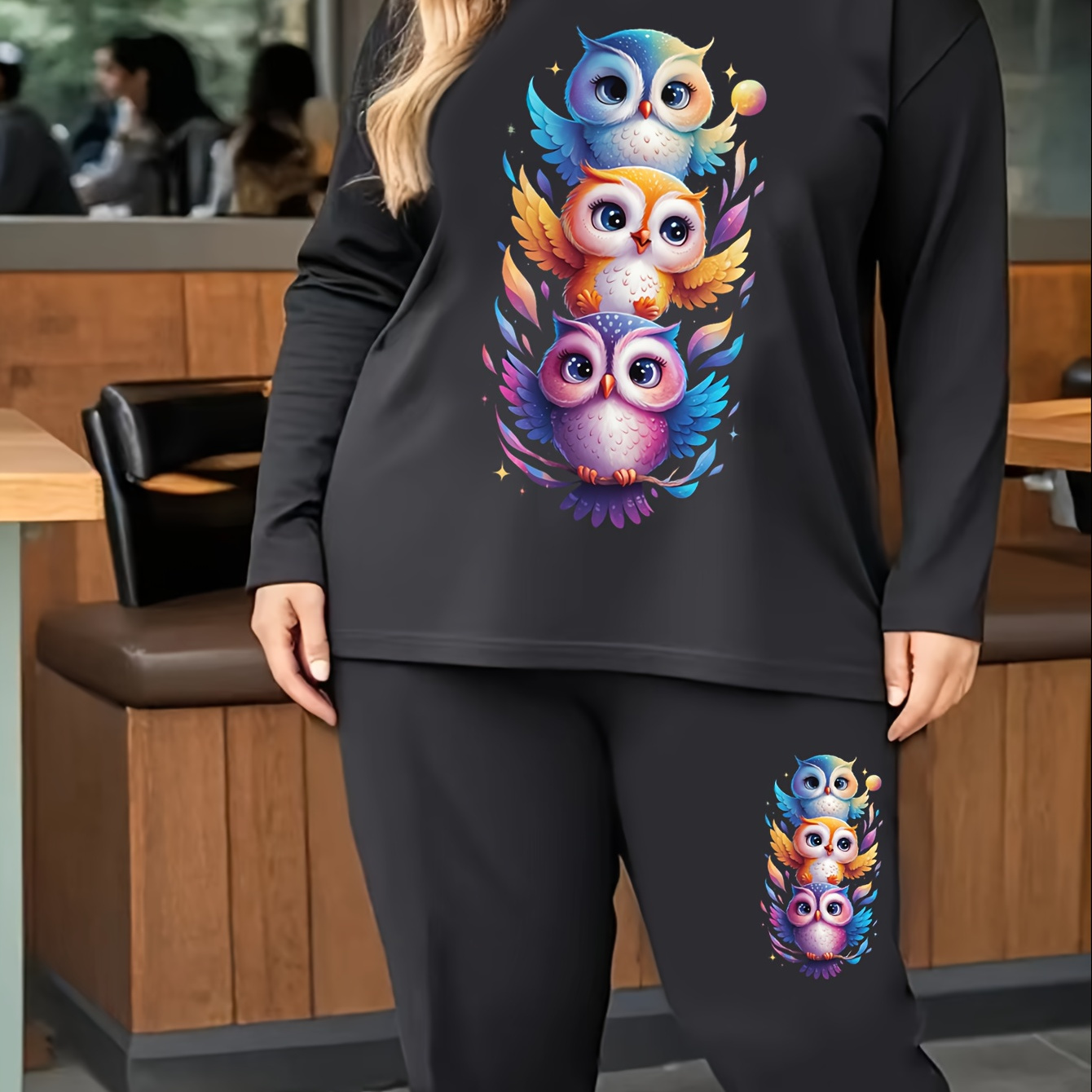 

Women's Plus Size Casual Owl Print Outfit - Long Sleeve Crew Neck Top & Leggings Set, Stretchy Polyester , Machine Washable