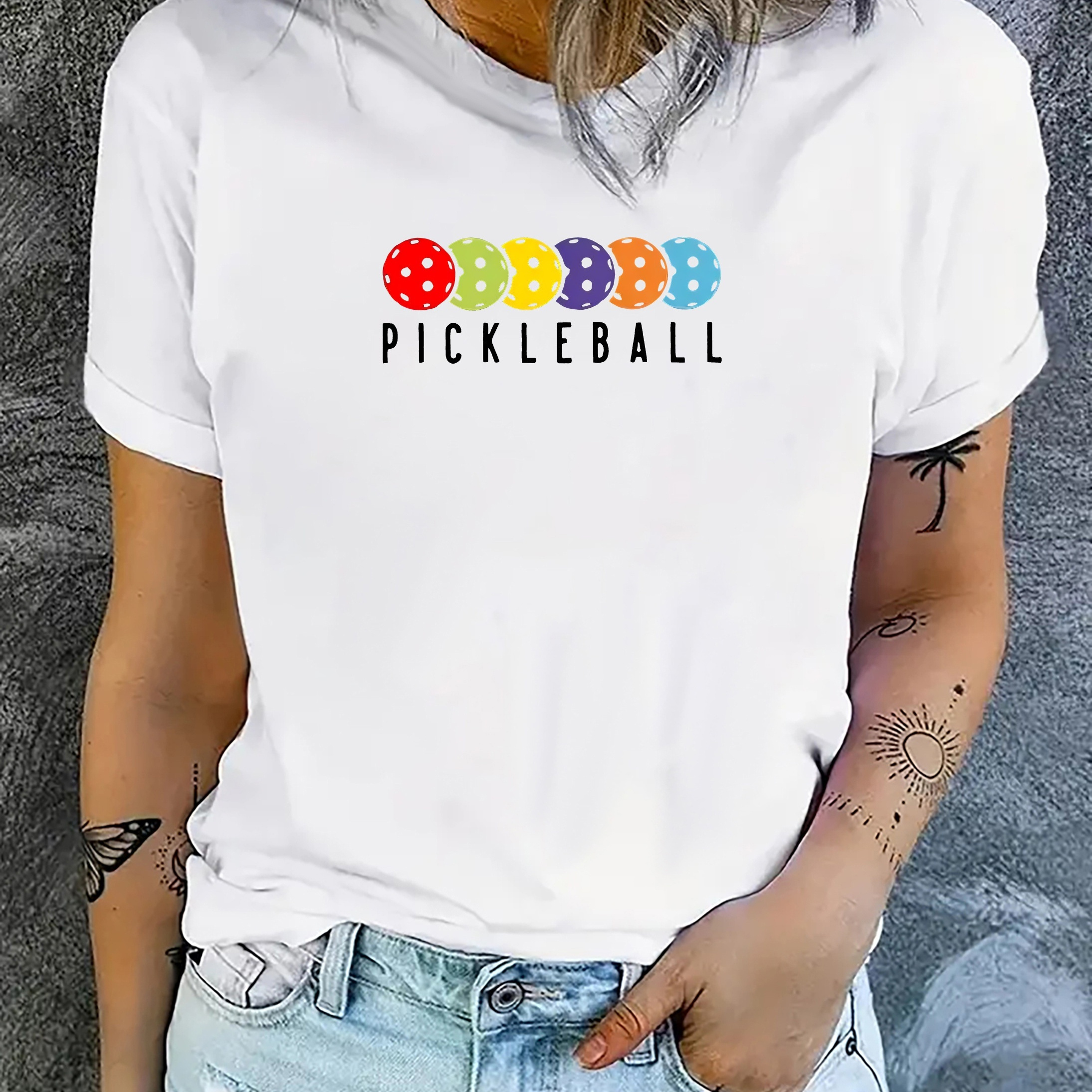 

Women's Casual Round-neck Sports T-shirt, Pickleball Graphic Tee, Versatile Short-sleeve Top For Everyday Wear