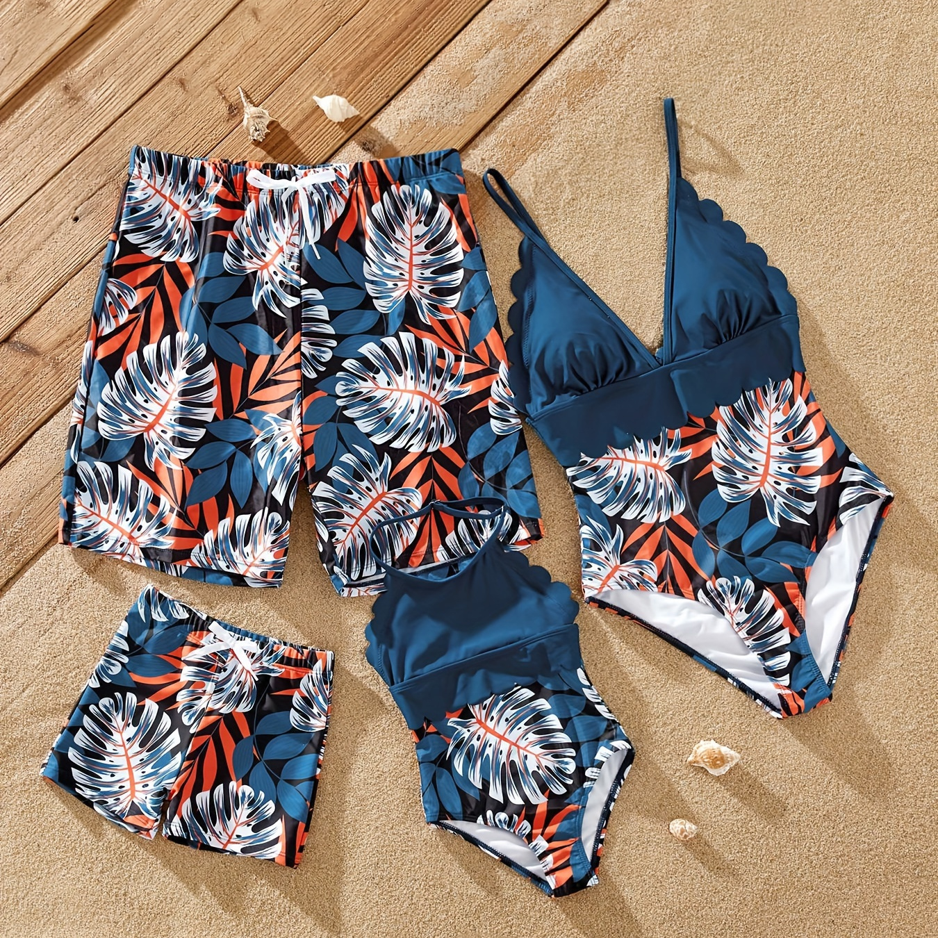 

Patpat Family Matching Solid Splicing Palm Leaf Print Spaghetti Strap 1-piece Swimsuit And Swim Trunks Shorts