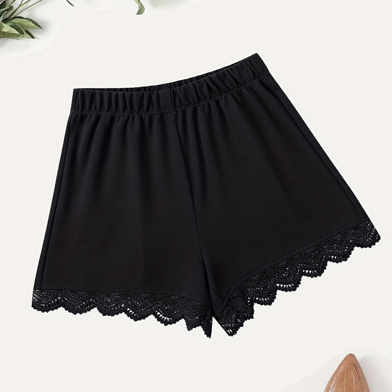 

Lace Trim Solid Shorts, Casual Every Day Shorts For Spring & Summer, Women's Clothing