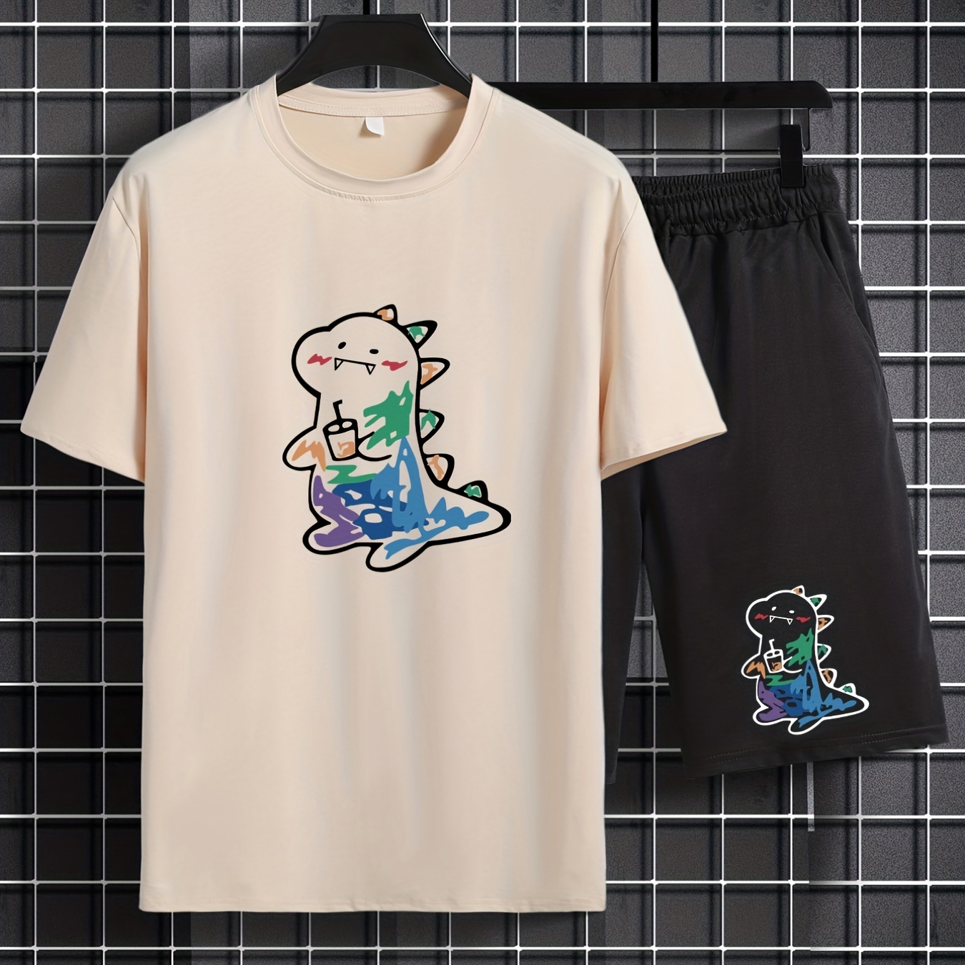 

Men's Casual Trendy Dinosaur Graphic Print Comfortable Crew Neck Short Sleeve T-shirt & Shorts Sets, Summer Oversized Loose Clothing Plus Size