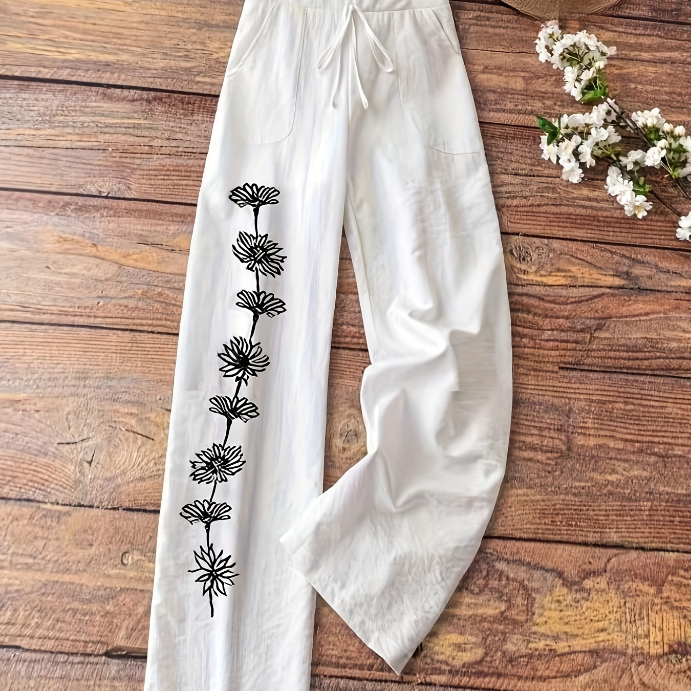 

Pantalon droit à imprimé floral, pantalon décontracté à taille élastique avec cordon de serrage et poches obliques pour et l'été, vêtements pour femmes