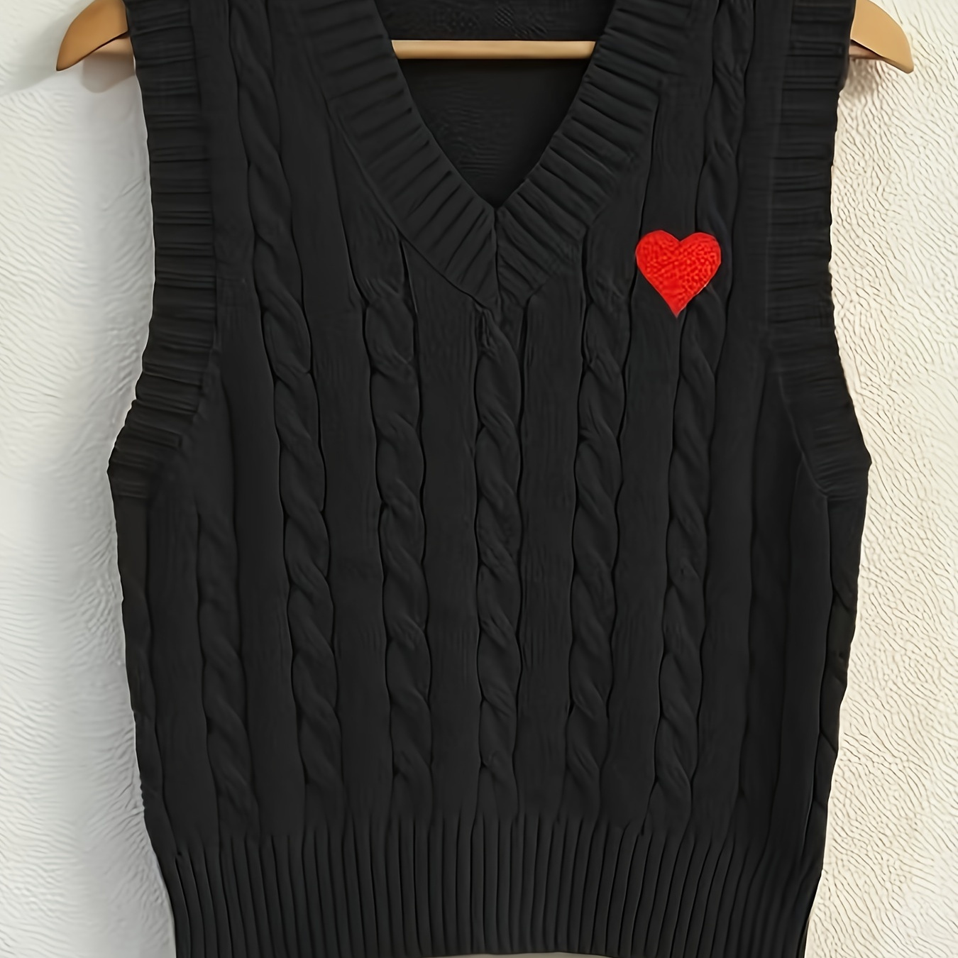 

V-neck Cable Knit Embroidered Vest - Polyester , Non-transparent, Heart Pattern, For Spring/summer/fall