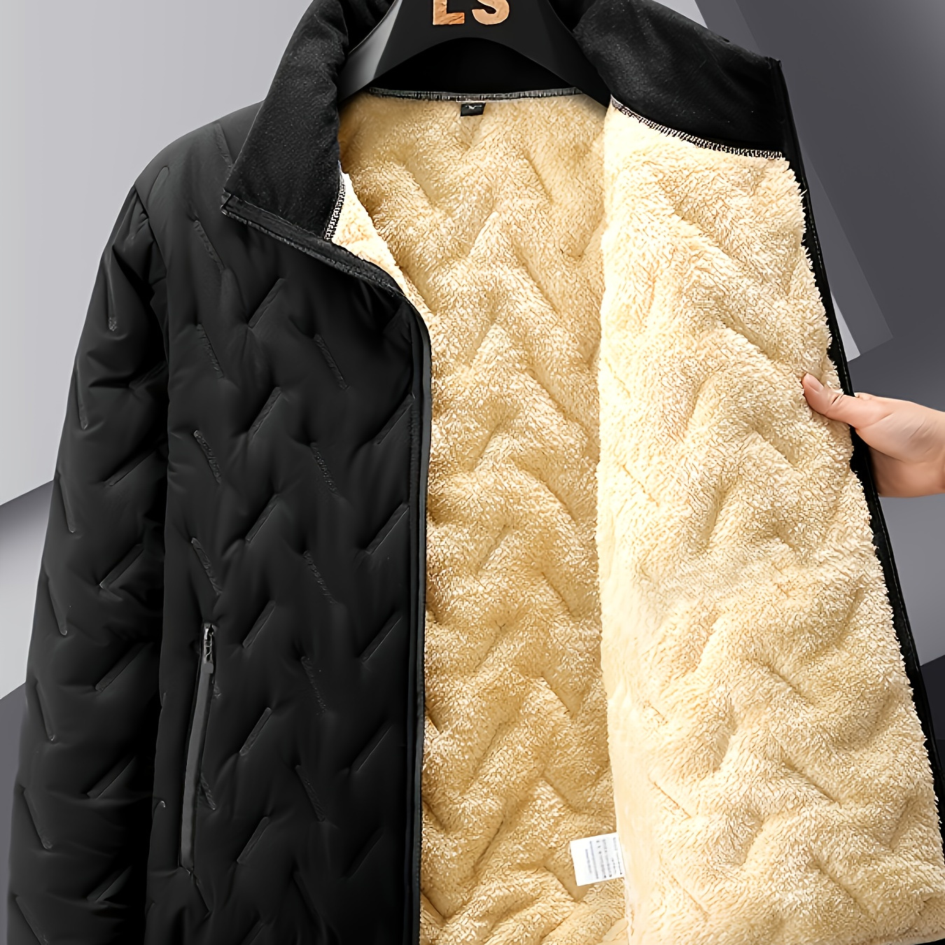 

Men's Casual Warm Quilted Jacket With Zipper Pockets, Sherpa Fleece Windbreaker Jacket For Fall Winter
