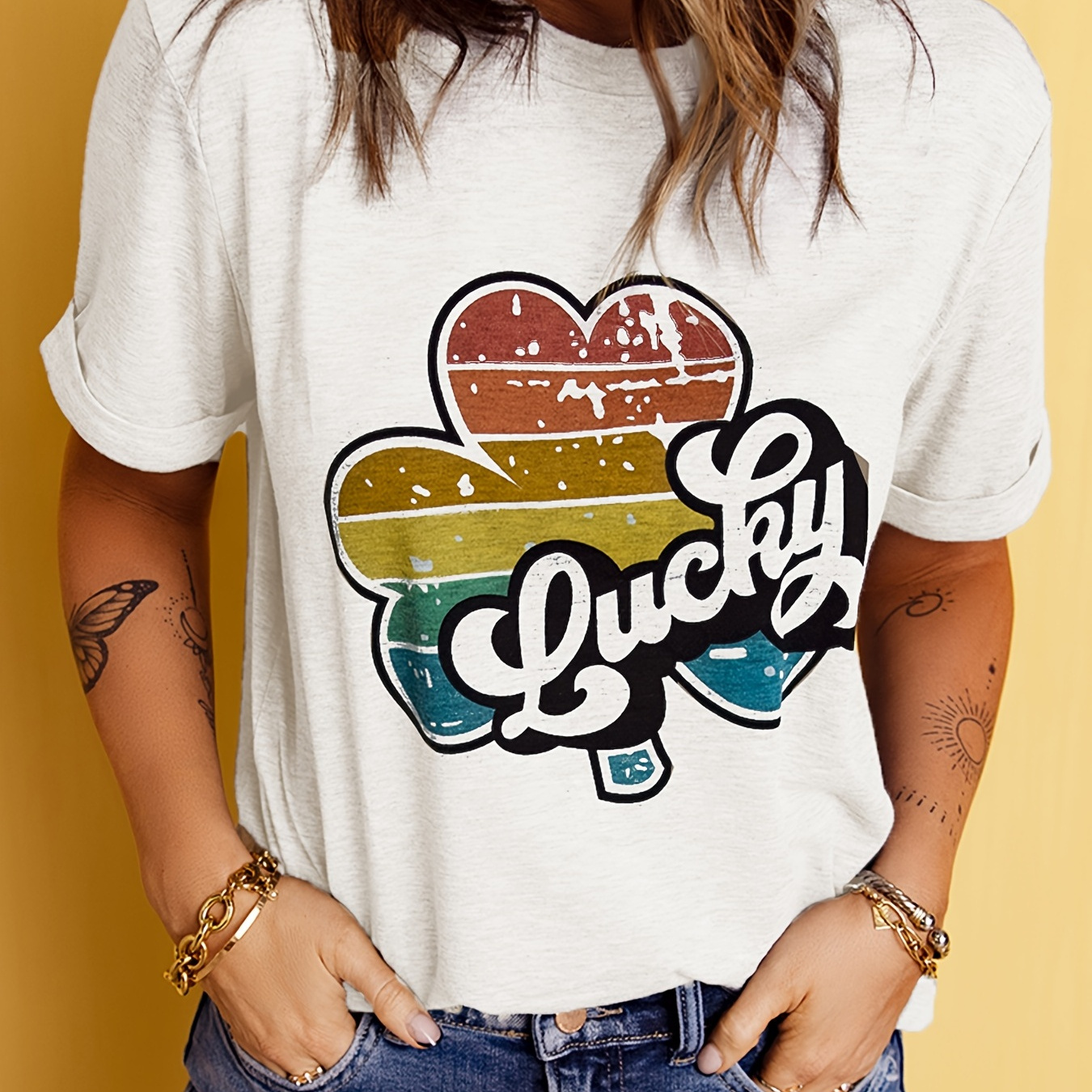 Retro Lucky Clover Graphic Tee Shirt Crew Neck Short Sleeve - Temu