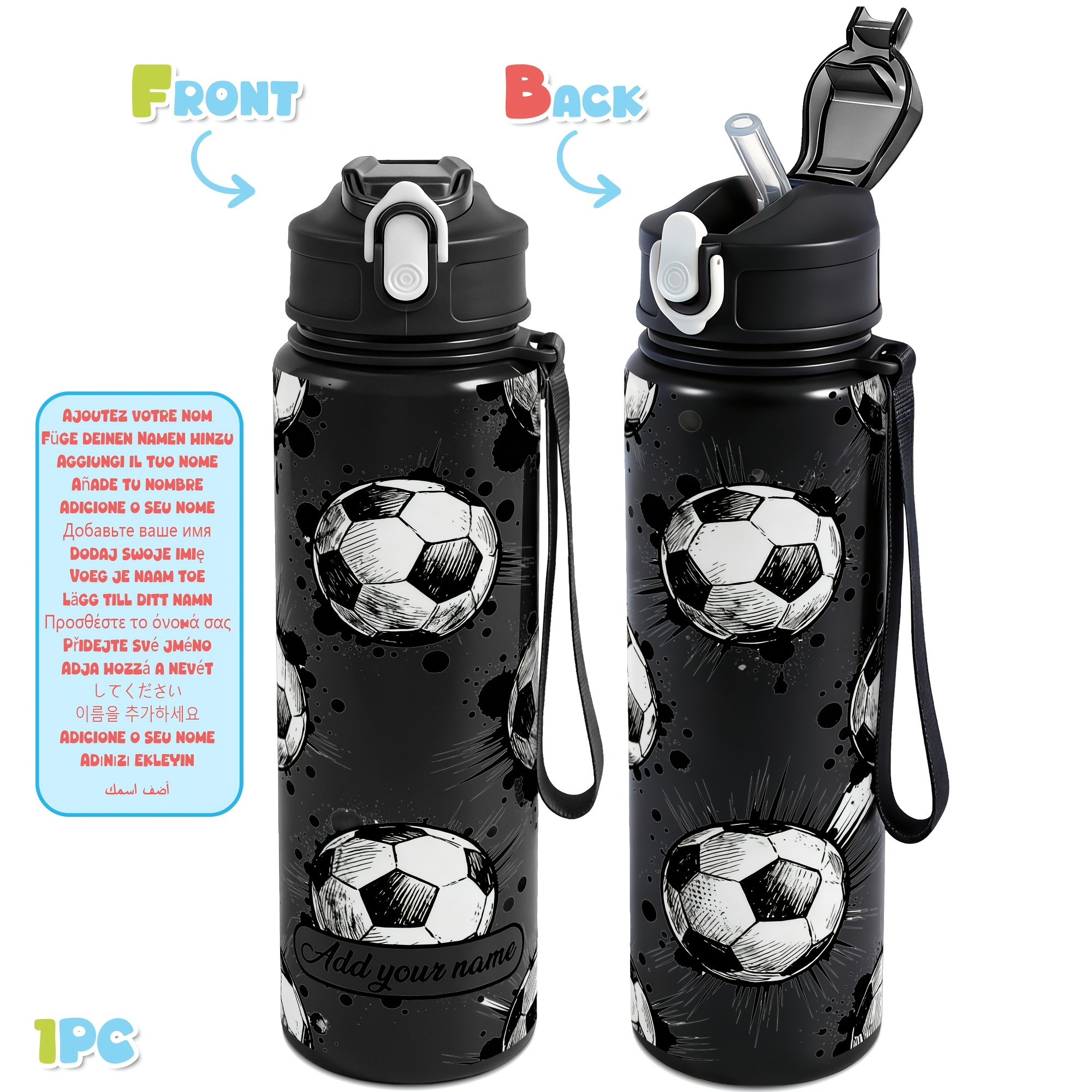 TEMU 1pc, Personalized Soccer Themed 25oz/750ml Plastic Sports Water Bottle, Leak Proof Custom Name Water Bottle, Ideal Personalized Gifts For Soccer