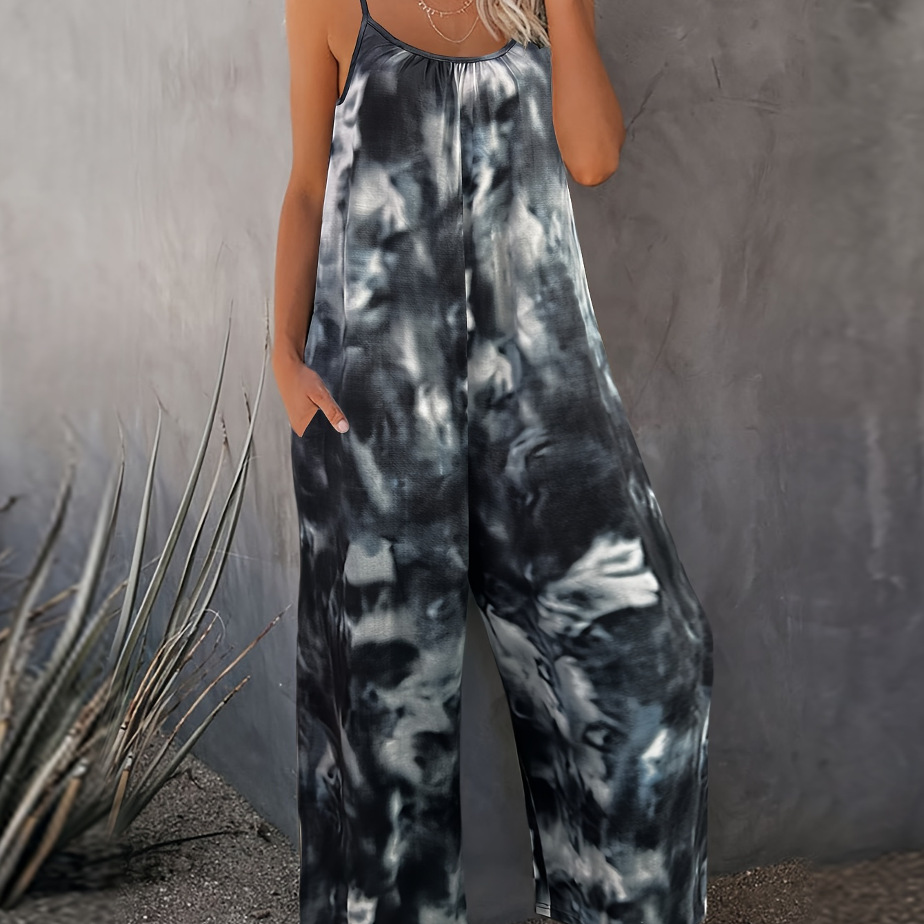 

Tie Dye Loose Cami Jumpsuit, Vintage Crew Neck Sleeveless Jumpsuit For Spring & Summer, Women's Clothing