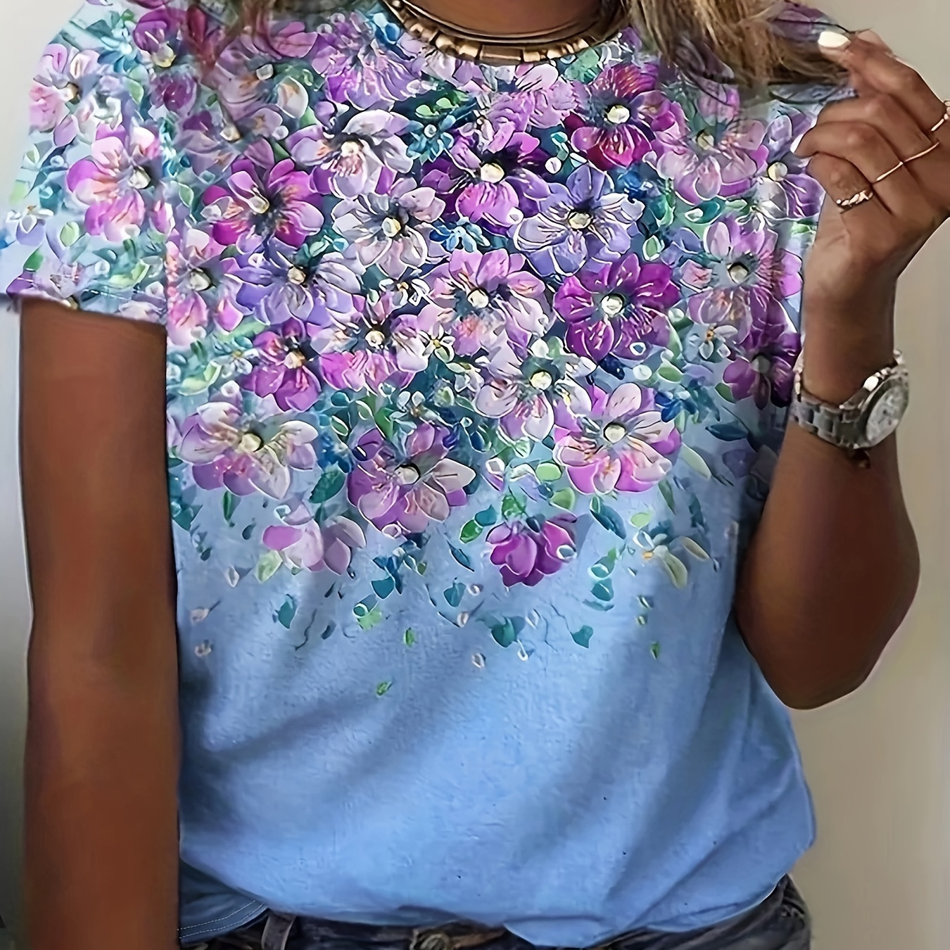 

Plus Size Floral Print T-shirt, Casual Crew Neck Short Sleeve T-shirt, Women's Plus Size clothing