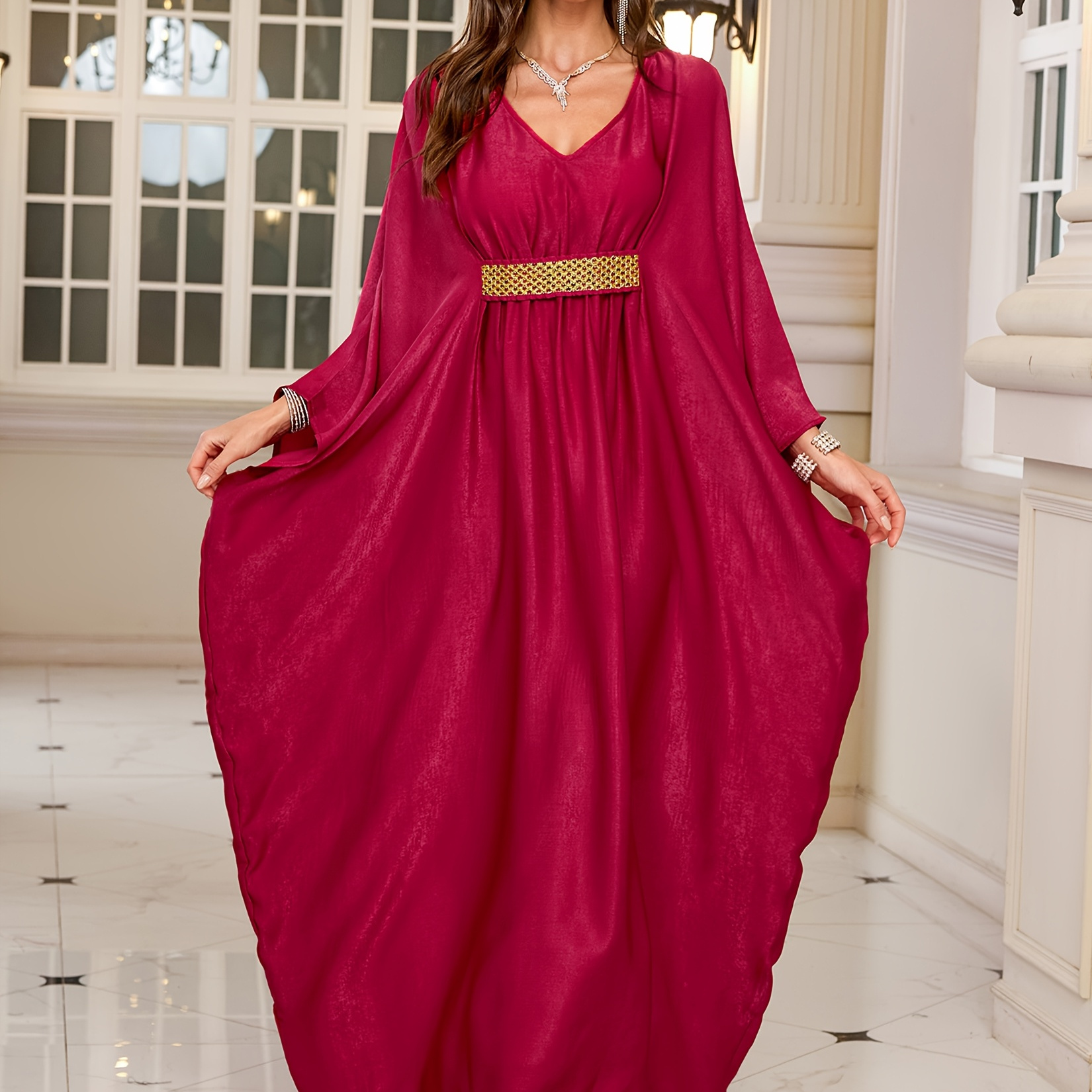 

Edolynsa Elegant V-neck Maxi Dress In Rouge - Chic Batwing Sleeves, Loose Fit For Beach & Casual Wear, Breathable Polyester, Sun Protection - Spring/summer/fall Events, Beach Dress