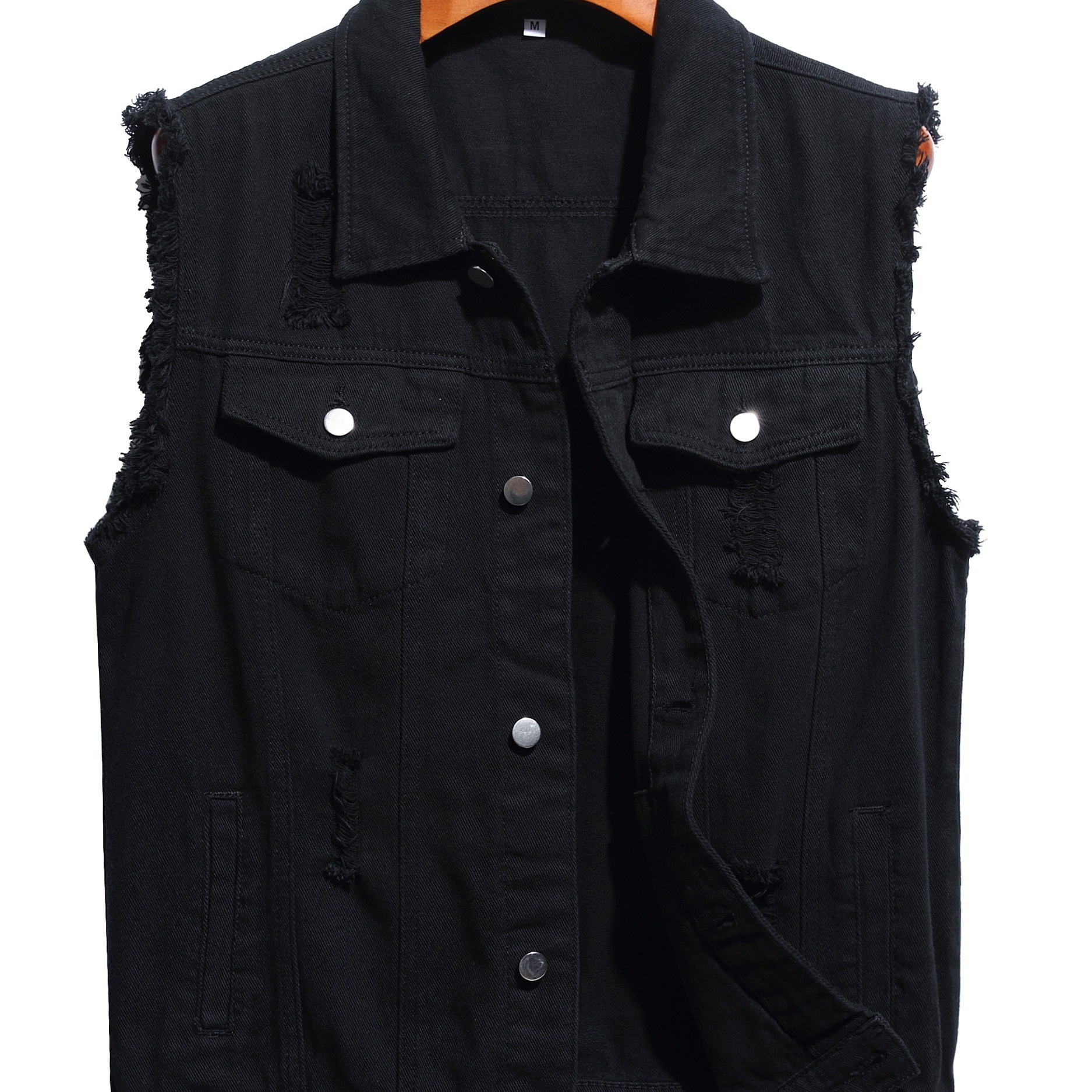 

Men's Solid Lapel Collar Button Up Denim Vest With Breasted Pockets, Raw Trim And Ripped Pieces, Stylish And Trendy Vest For Daily And Street Wear
