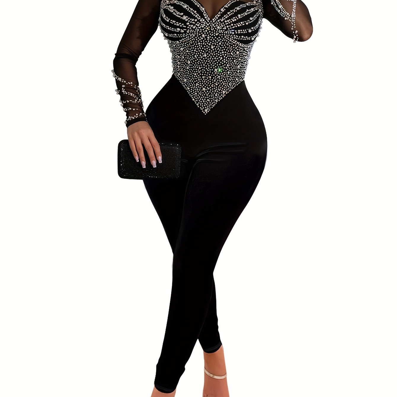 

Rhinestone Neck Jumpsuit, Elegant Long Sleeve Tight Jumpsuit For Party & Club, Women's Clothing