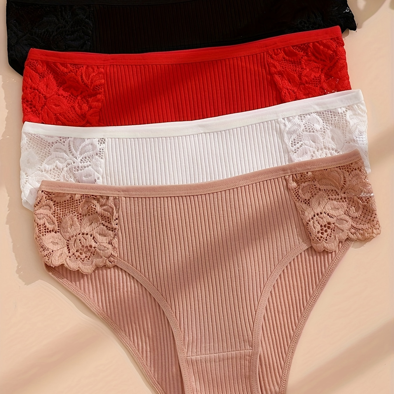 

4pcs Contrast Lace Ribbed Briefs, Simple & Breathable Intimates Panties, Women's Lingerie & Underwear