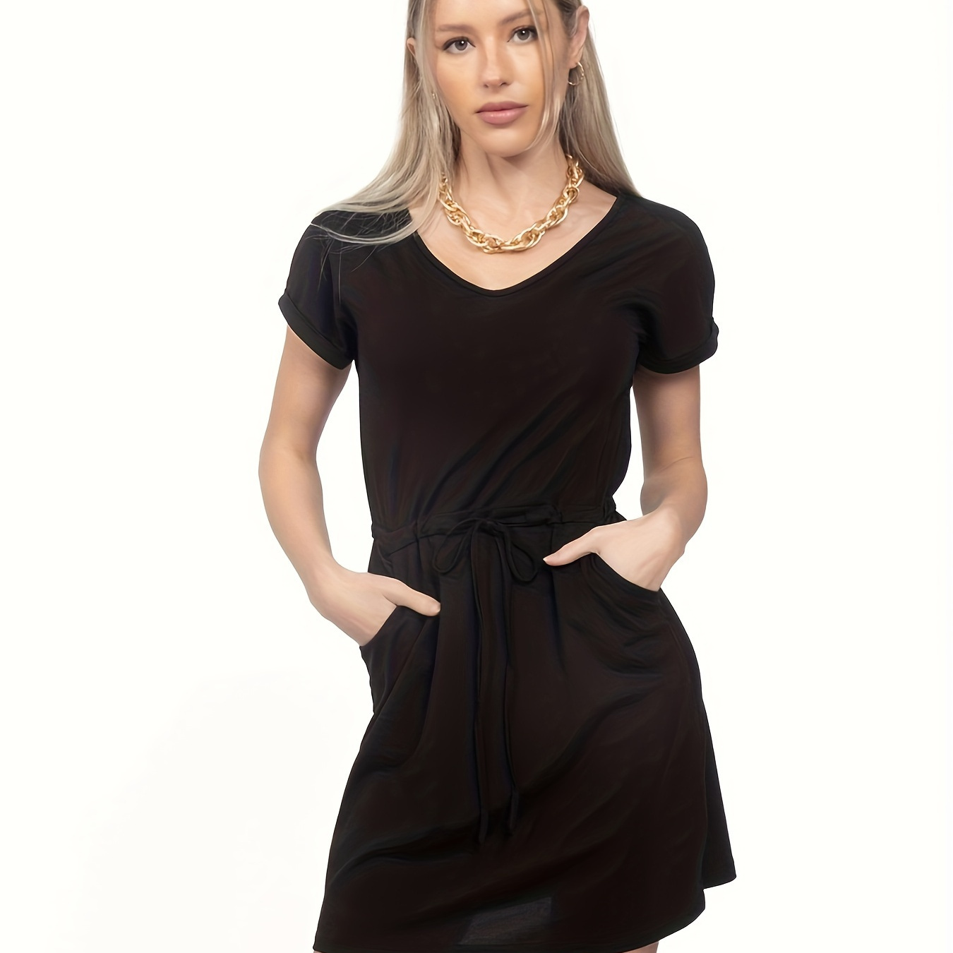 

Solid Color V Neck Dress, Casual Drawstring Waist Short Sleeve Dress For , Women's Clothing