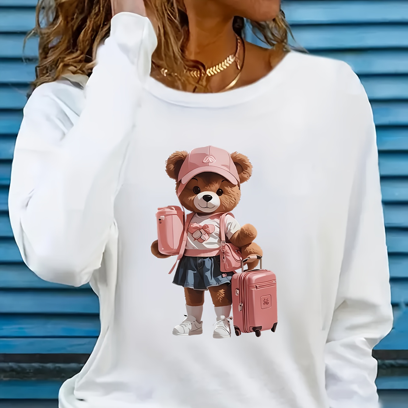 

Women's Casual Crew Neck T-shirt With Cute Bear And Luggage Applique, Long Sleeve Knit Polyester Top For All , Spring & Fall Fashion