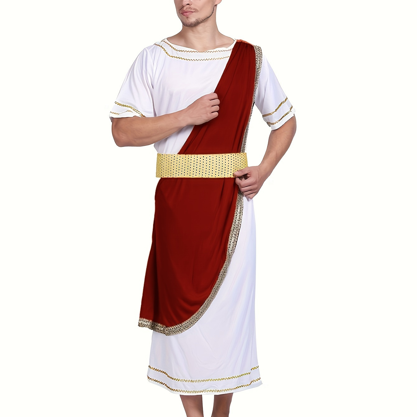 

Men's Greek Roman Costume, Caesar Role-play Outfit, Festive Halloween Party Dress Up, Ancient Historical Clothing With Red Sash And Golden Belt, For Masquerade And Carnival Events