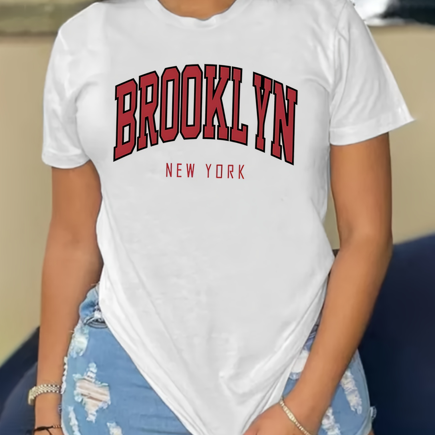 

BROOKL YN T-shirt Imprimé Lettre, Haut Décontracté À Manches Courtes Et Col Rond Pour L'été Et Le Printemps, Vêtements Pour Femmes