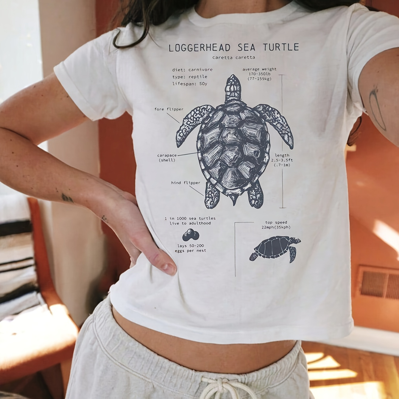 

Y2k Turtle Print T-shirt, Short Sleeve Crew Neck Casual Top For Summer & Spring, Women's Clothing