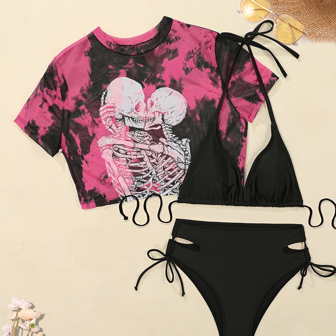 

Women's 3-piece Bikini Set, Sexy Fashion Skeleton Printed Swimwear With Short Sleeve Crop Top And High Cut Bottoms, Summer Beachwear