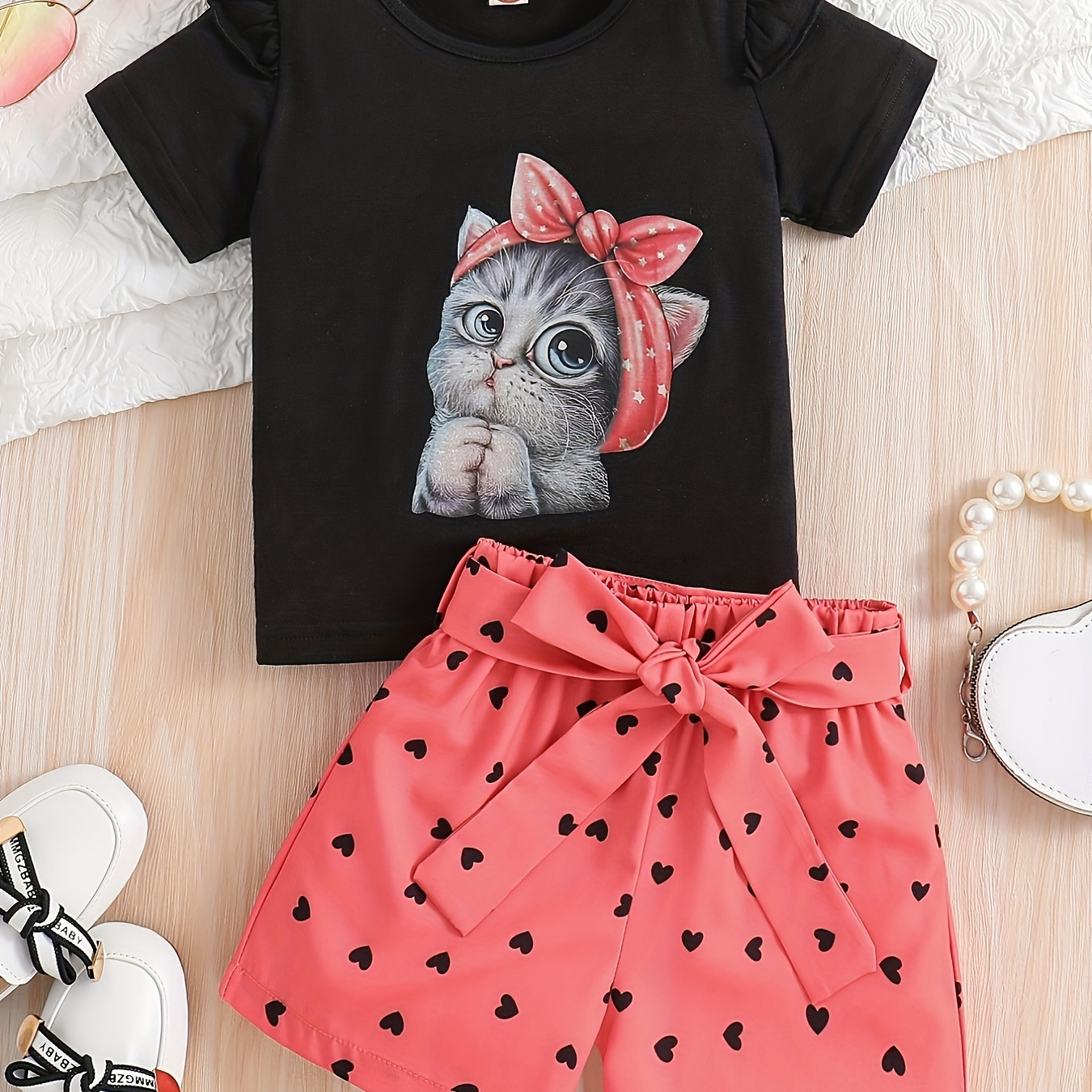 

2pcs, Cat Graphic Sleeve T- + Pattern Set , And Summer Set