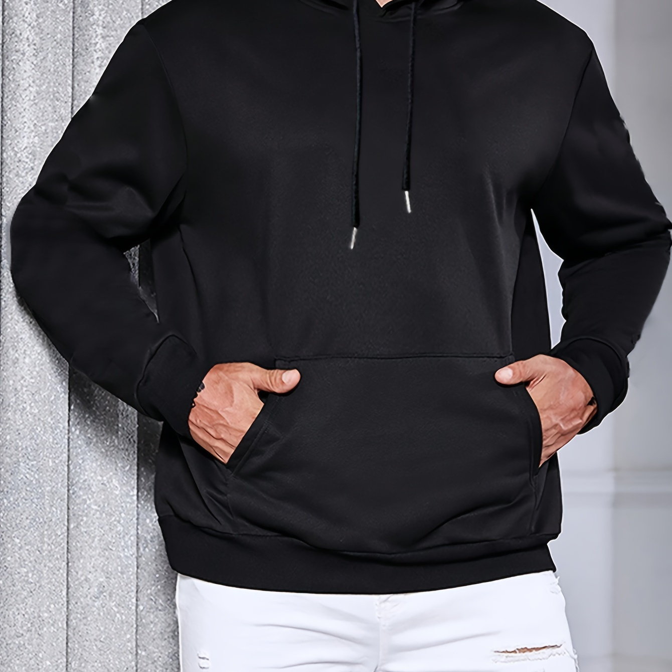 

Men's Comfortable Stylish Drawstring Hooded Sweatshirt With Long Sleeves, Solid Color Regular Fit Top For Men's Autumn & Winter Outdoor Wear