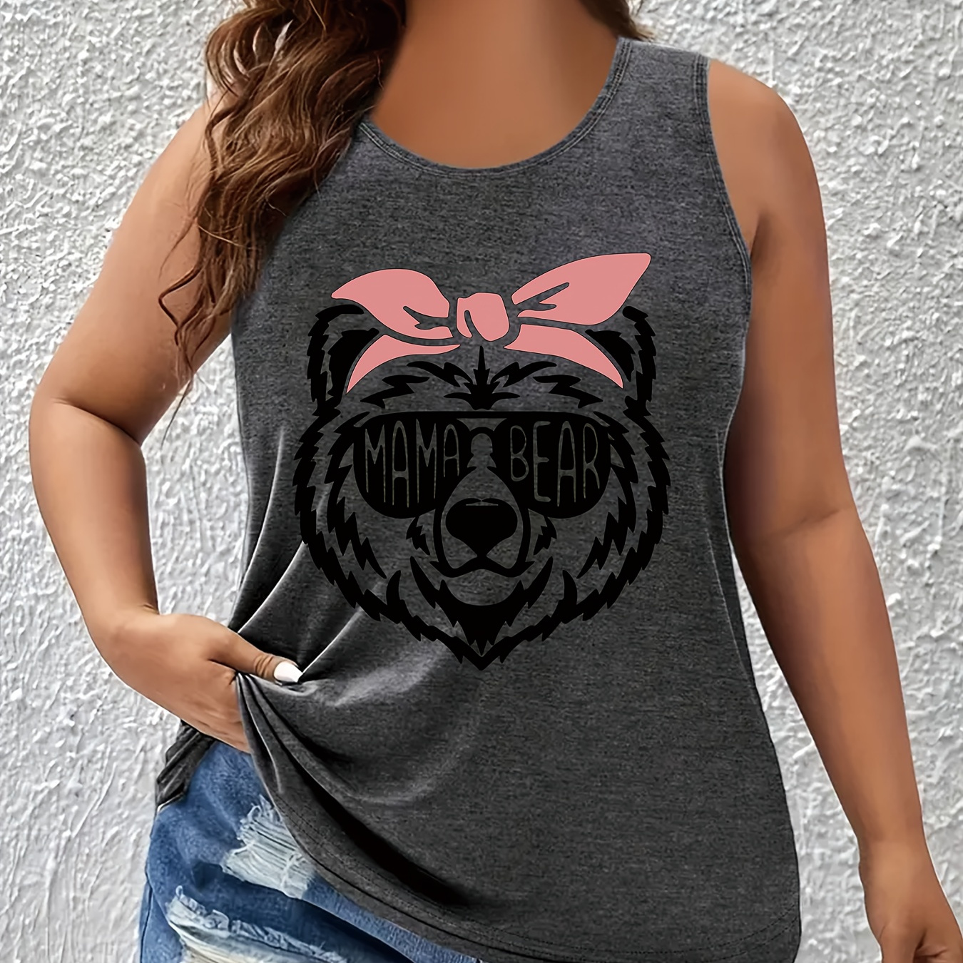 

Plus Size Mama Bear Print Tank Top, Casual Sleeveless Crew Neck Top For Summer & Spring, Women's Plus Size Clothing