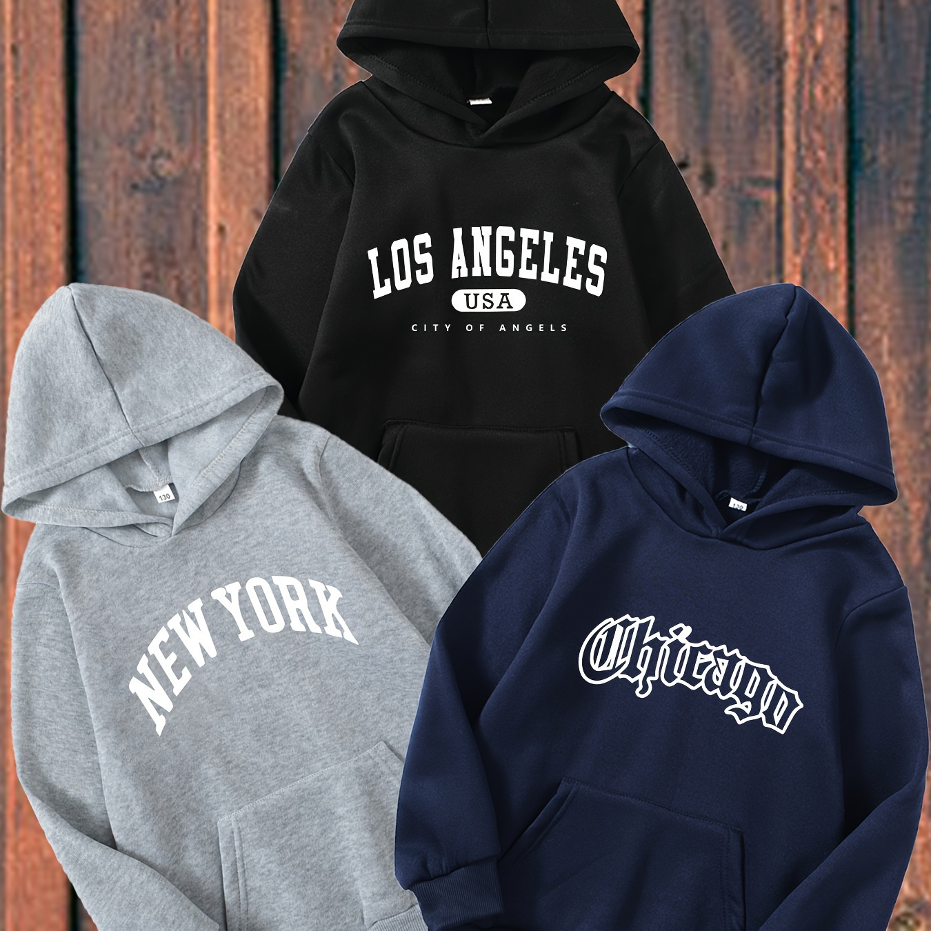 

3 sweats à capuche tendance à manches longues avec inscription NEW YORK LOS ANGELES CHICAGO pour garçon, sweats confortables avec poche pour les activités de plein air au printemps et en automne