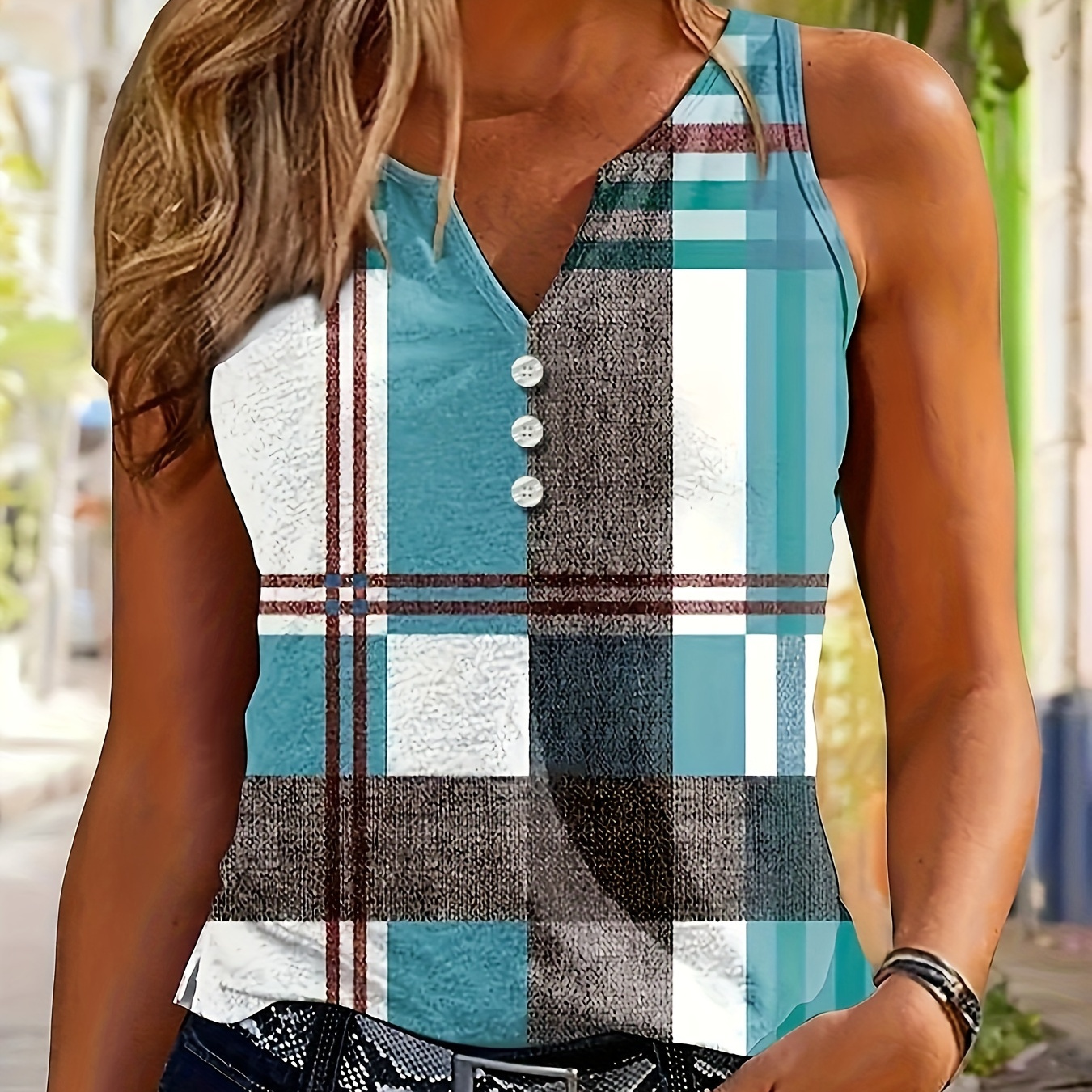 

Plaid Print Button Front Tank Top, Casual Sleeveless Notched Neck Top, Women's Clothing