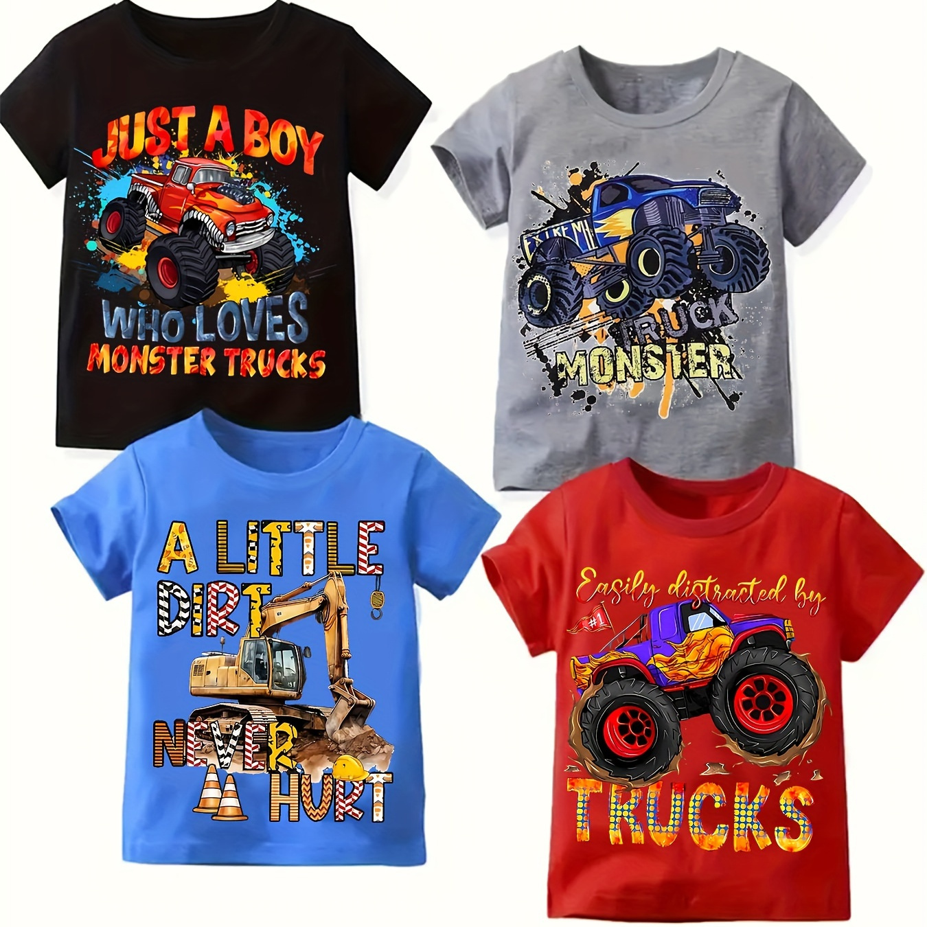 

4pcs Cool Off-road Vehicle-themed Print Boys Creative T-shirt, Casual Lightweight Comfy Short Sleeve Tee Tops, Boys Clothes For Summer