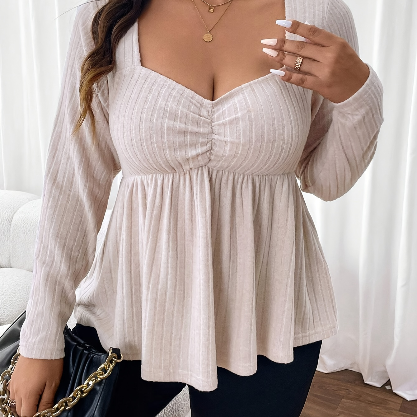 

Women's Plus Size Casual V-neck Long Sleeve Knit Top With Medium Stretch, Solid Color Polyester (95% Polyester, 5% Spandex) - All Season Fashion Blouse