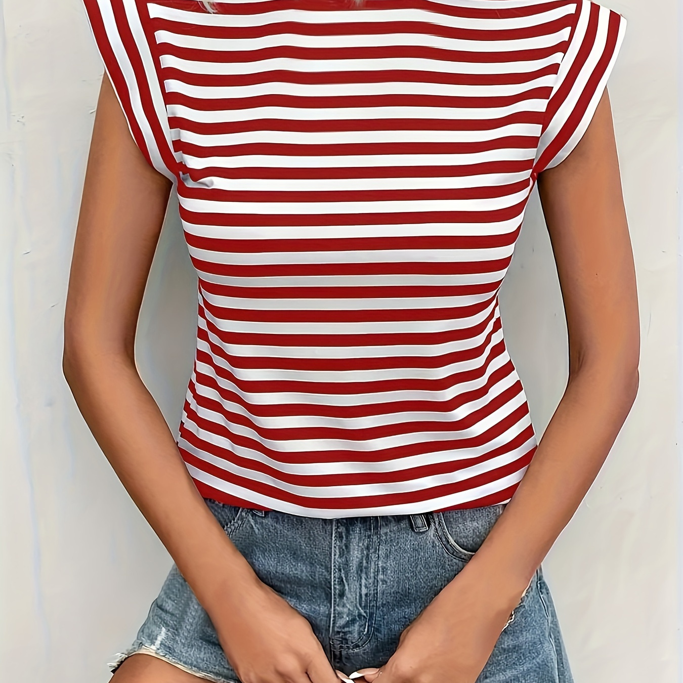 

Striped Crew Neck T-shirt, Casual Cap Sleeve T-shirt For Spring & Summer, Women's Clothing