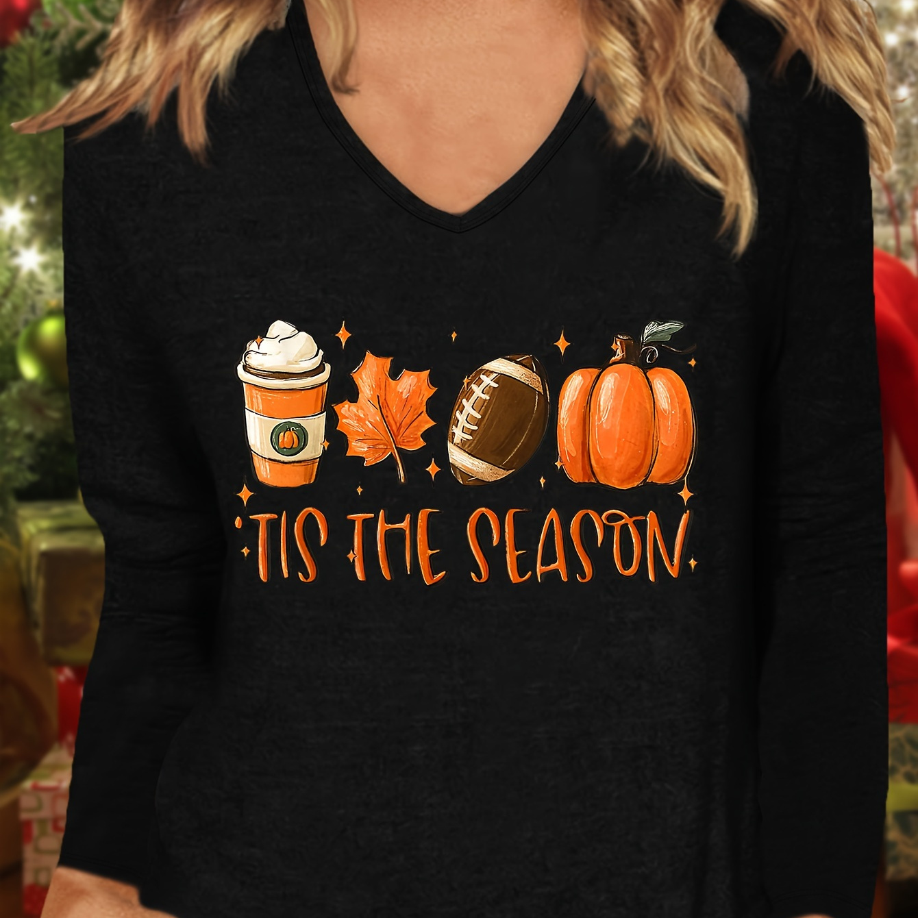 

Women's Casual V-neck T-shirt With Pumpkin Print - Long Sleeve, Stretchy Polyester , Machine Washable - Fall & Thanksgiving, , T-shirt, Long Sleeve, Casual Top