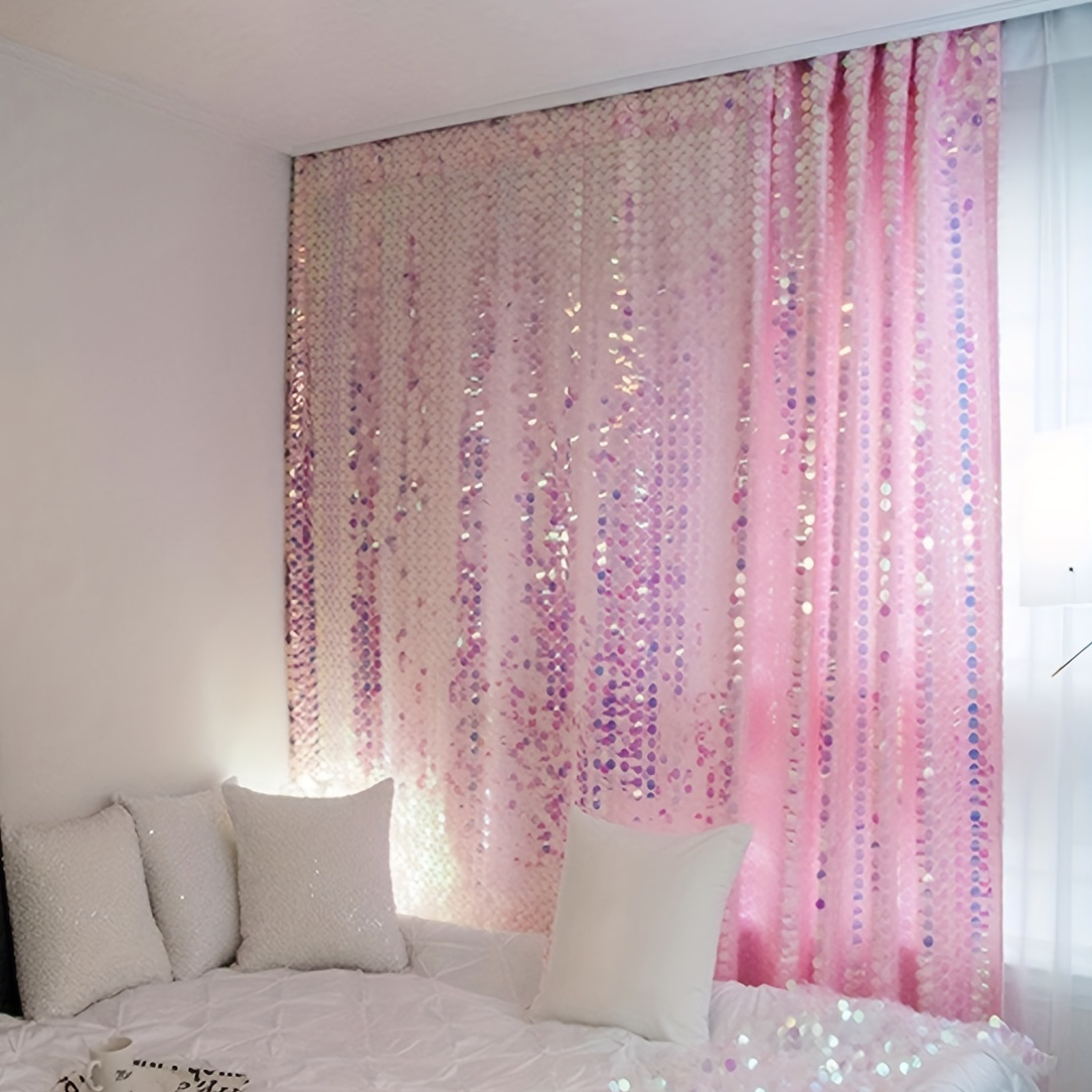 

1pc Sparkling Sequin Curtain In Pink - Modern With Glittering Stage & Wedding Backdrop, Easy-clean Polyester, Rod For Bedroom